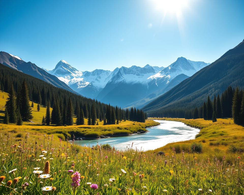 A breathtaking landscape of Revelstoke National Park, showcasing majestic snow-capped mountains in the background under a clear blue sky. In the foreground, a vibrant green meadow filled with blooming wildflowers sways gently in the breeze. A crystal-clear river winds through the middle ground, reflecting the sun's warm golden light, creating a serene and inviting atmosphere. Soft morning light bathes the scene, casting gentle shadows that enhance the rugged textures of the mountains. The composition captures a wide-angle view, emphasizing the vastness and untouched beauty of the park. The overall mood is tranquil and inspiring, inviting viewers to immerse themselves in the natural splendor of this outdoor paradise in Canada.