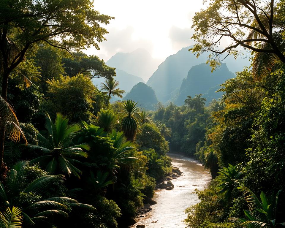 A breathtaking landscape of Sumatra Nationalpark, featuring dense tropical rainforest with towering trees and lush, vibrant greenery in the foreground. A crystal-clear river meanders through the scene, reflecting the sunlight filtering through the leaves. In the middle ground, a diverse array of wildlife such as orangutans and exotic birds can be spotted amidst the foliage, adding a sense of adventure. The background reveals majestic mountains shrouded in mist, creating a sense of mystery and allure. The atmosphere is serene yet exhilarating, with warm, golden sunlight casting gentle rays across the scene. Capture this with a wide-angle lens to emphasize the grandeur of the wilderness, highlighting the depth and richness of the natural environment. A breathtaking landscape of Sumatra Nationalpark, featuring dense tropical rainforest with towering trees and lush, vibrant greenery in the foreground. A crystal-clear river meanders through the scene, reflecting the sunlight filtering through the leaves. In the middle ground, a diverse array of wildlife such as orangutans and exotic birds can be spotted amidst the foliage, adding a sense of adventure. The background reveals majestic mountains shrouded in mist, creating a sense of mystery and allure. The atmosphere is serene yet exhilarating, with warm, golden sunlight casting gentle rays across the scene. Capture this with a wide-angle lens to emphasize the grandeur of the wilderness, highlighting the depth and richness of the natural environment.