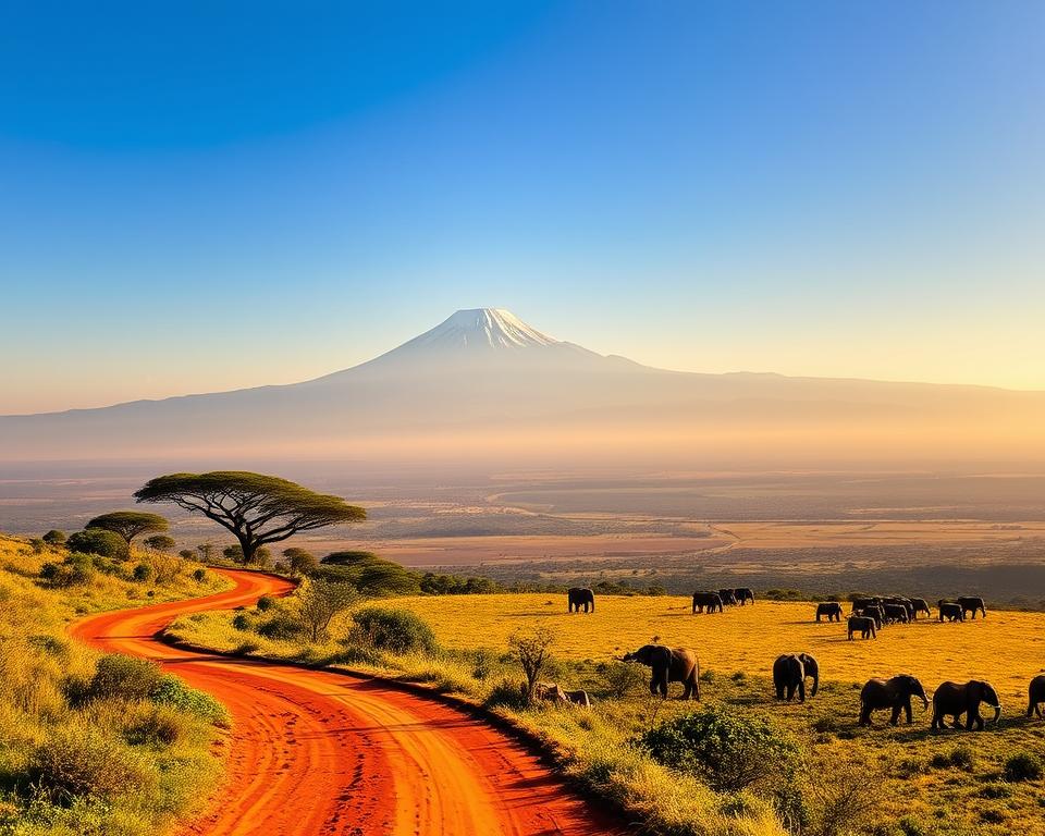 A breathtaking landscape of Tanzania showcasing a diverse travel route through its stunning scenery. In the foreground, a winding dirt path meanders alongside green savannas dotted with acacia trees. In the middle ground, an expansive view features the iconic Mount Kilimanjaro basking in soft golden sunlight, its snow-capped peak prominently raised against a clear blue sky. Herds of elephants graze peacefully, adding to the wildlife aspect of the scene. The background reveals a rich tapestry of distant hills and vibrant savannahs, with faint silhouettes of wildlife in their natural habitat. The atmosphere is serene and inviting, with warm lighting enhancing the colors of the landscape, evoking a sense of adventure and exploration. Shot with a slight upwards angle to capture the grandeur of nature.