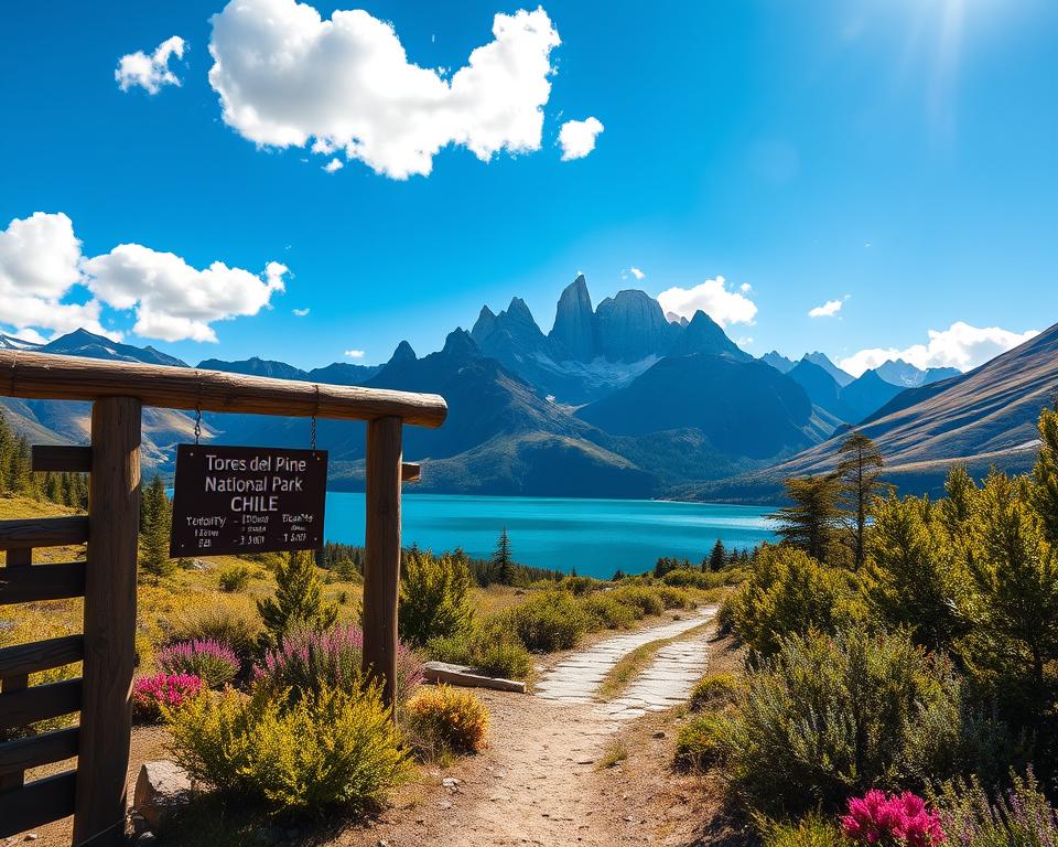 A breathtaking landscape of Torres del Paine National Park in Chile, emphasizing the iconic granite peaks and lush valleys. In the foreground, a wooden entrance gate adorned with a sign indicating park rules and hours, surrounded by vibrant native flora and a pathway leading into the wilderness. The middle ground showcases a serene lake reflecting the majestic mountains under a clear blue sky with fluffy white clouds. In the background, the dramatic Torres mountain formation towers powerfully, bathed in warm sunlight, creating a sense of adventure and tranquility. The atmosphere is inviting, encouraging exploration, with soft natural light enhancing the colors of the landscape. The image should have a wide-angle perspective to capture the grandeur of the scene.