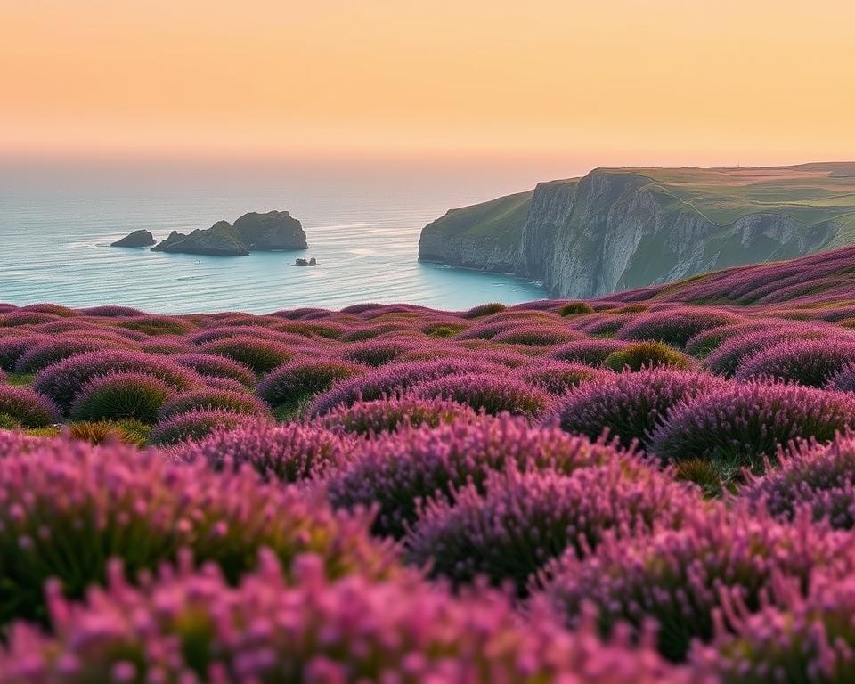 A breathtaking landscape of natural Brittany, featuring rolling heather fields in vibrant purples and greens in the foreground. A serene coastal view reveals rugged cliffs and sparkling blue waters in the middle ground, where small islands dot the horizon. The background showcases a soft, hazy sky painted in warm hues of orange and pink, suggesting a sunset. Gentle waves lap at the shore, adding a tranquil vibe to the scene. The image captures the essence of exploration and adventure, with a peaceful, inviting atmosphere that highlights the natural beauty of the region. Soft, diffuse lighting enhances the colors, creating a magical ambiance and inviting viewers to immerse themselves in the picturesque scenery.