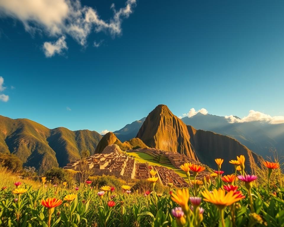 A breathtaking landscape of the Andes mountains in Peru during the optimal travel season, showcasing vibrant greenery and colorful wildflowers in the foreground, suggesting the beauty of nature. In the middle ground, ancient Incan ruins like Machu Picchu can be seen, enigmatically nestled among the mountains, bathed in warm, golden sunlight. The background features a clear blue sky with soft, fluffy clouds, creating a serene atmosphere. The scene should evoke a sense of adventure and discovery, inviting viewers to prepare for their journey into the rich history and culture of Peru. Use a wide-angle lens perspective to capture the grandeur of the landscape, with natural lighting to enhance the colors and depth of the scene.