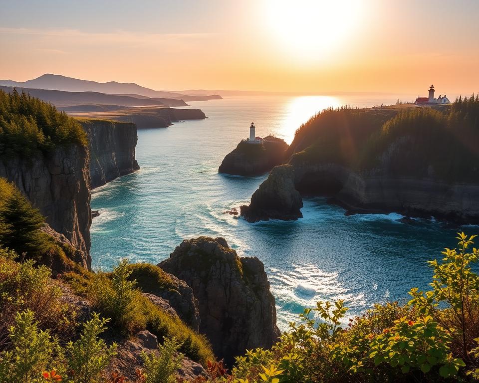 A breathtaking landscape of the Bay of Fundy in Canada, showcasing dramatic cliffs and vibrant green foliage in the foreground, with water crashing against the rocks. In the middle ground, a serene bay glimmers under radiant sunlight, reflecting hues of blue and turquoise. The background features rolling hills and rugged terrain, with a hint of distant lighthouses perched on the cliffs, enhancing the coastal scenery. The sky is a soft blend of warm oranges and purples as the sun sets, creating a tranquil atmosphere. The image should be captured with a wide-angle lens, emphasizing the vastness of the bay, with soft lighting to highlight details in the landscape, conveying a sense of awe and natural beauty. A breathtaking landscape of the Bay of Fundy in Canada, showcasing dramatic cliffs and vibrant green foliage in the foreground, with water crashing against the rocks. In the middle ground, a serene bay glimmers under radiant sunlight, reflecting hues of blue and turquoise. The background features rolling hills and rugged terrain, with a hint of distant lighthouses perched on the cliffs, enhancing the coastal scenery. The sky is a soft blend of warm oranges and purples as the sun sets, creating a tranquil atmosphere. The image should be captured with a wide-angle lens, emphasizing the vastness of the bay, with soft lighting to highlight details in the landscape, conveying a sense of awe and natural beauty.