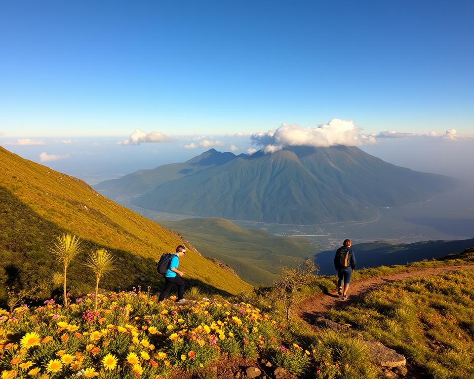 A breathtaking landscape of the Pico do Arieiro in Madeira, showcasing a winding hiking trail surrounded by lush greenery. In the foreground, vibrant wildflowers bloom alongside the rocky path, while hikers in modest casual clothing navigate the terrain, embodying a spirit of adventure. The middle ground features dramatic mountain peaks that rise majestically against a clear blue sky, with soft, fluffy clouds casting gentle shadows on the slopes. In the background, distant valleys stretch out, revealing stunning views of the island’s natural beauty. The lighting is warm and inviting, mimicking the golden hour just before sunset, creating a peaceful and inspiring atmosphere ideal for exploration and connection with nature. The image captures the essence of alternative hikes around Pico do Arieiro, highlighting the stunning vistas and rich landscapes.
