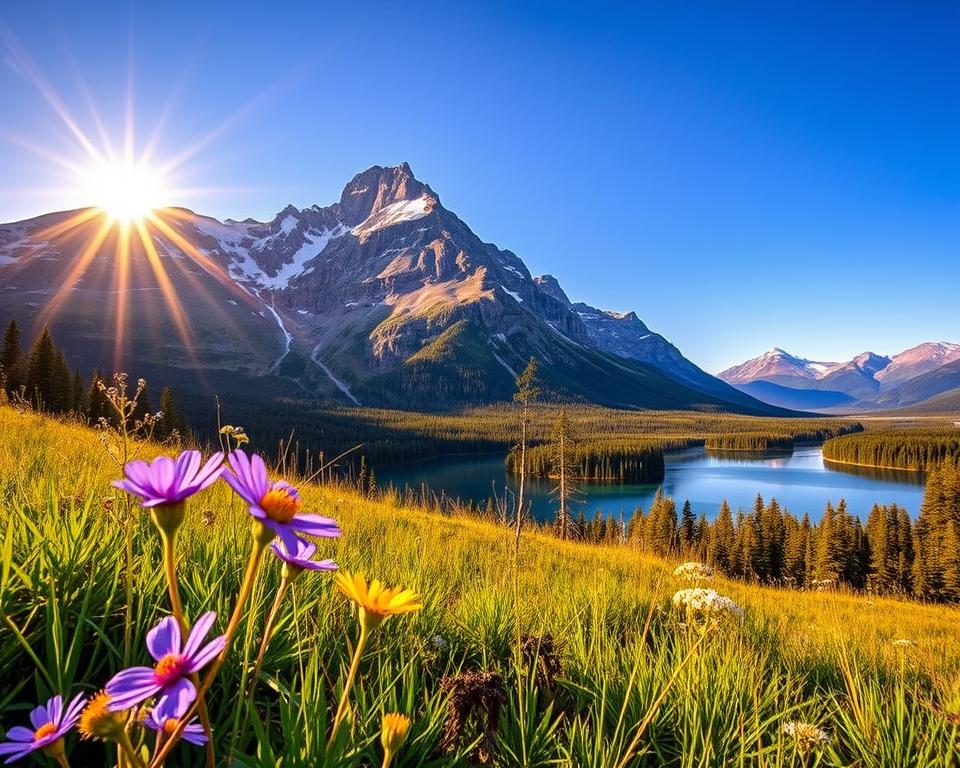 A breathtaking landscape photograph of Revelstoke National Park, showcasing the stunning scenery. In the foreground, vibrant wildflowers with pops of purple and yellow contrast against the lush green grass. The middle section reveals a panoramic view of the majestic mountains, capped with patches of snow, rising sharply toward a clear blue sky. The sun casts warm golden light, enhancing the textures of the rocky peaks and adding warmth to the scene. In the background, a tranquil lake reflects the towering mountains, surrounded by dense evergreen forests. The atmosphere is serene, evoking a sense of adventure and tranquility, perfect for outdoor enthusiasts. The composition emphasizes natural beauty, inviting viewers to explore this outdoor paradise.