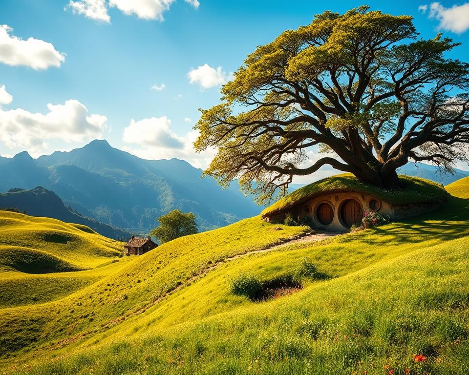 A breathtaking landscape showcasing iconic filming locations from "The Lord of the Rings." In the foreground, lush green hills with gently rolling slopes, dotted with colorful wildflowers. The middle ground features a quaint hobbit hole nestled under a large, twisted tree, complete with a circular door and vibrant garden. In the background, majestic mountains rise against a bright blue sky, with fluffy white clouds drifting by. The scene is bathed in warm, golden sunlight, creating a magical atmosphere. Use a wide-angle lens to capture the expansive beauty while maintaining depth. The overall mood should evoke a sense of adventure and wonder, reflecting the enchanting world of Middle-earth without any human figures or text.