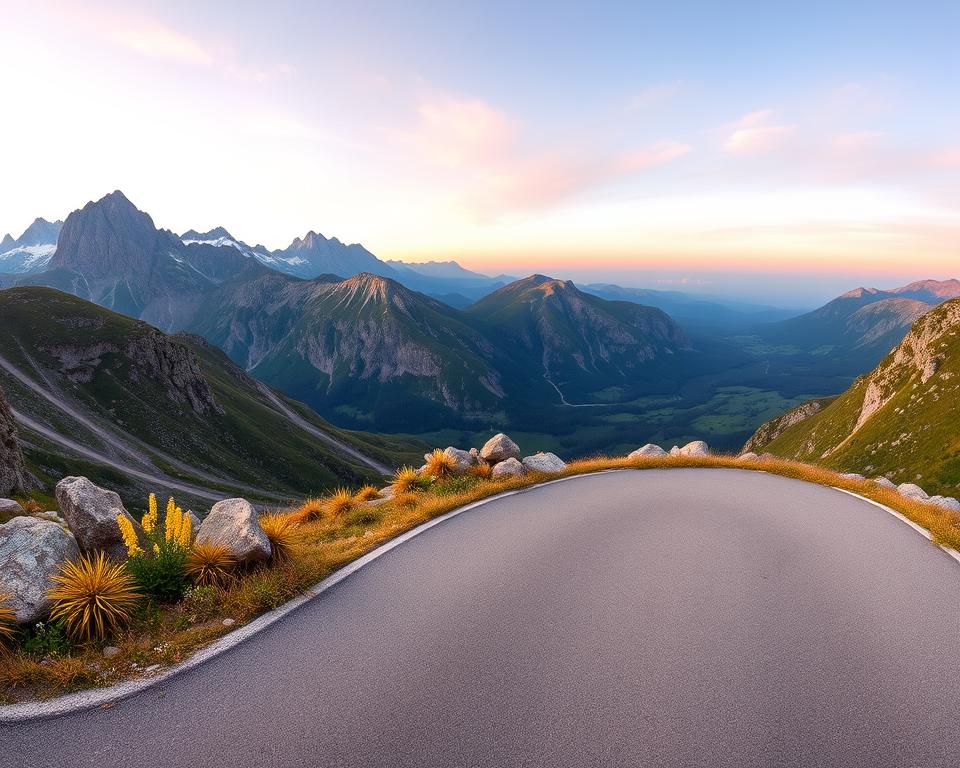 A breathtaking panorama of Aussichtspunkte Durmitor in Durmitor National Park, Montenegro, featuring a sweeping view of rugged mountains juxtaposed against lush green valleys. In the foreground, a smooth winding road, part of the Durmitor Ring Road, leads viewers into the scene, lined with wildflowers and craggy rocks. The middle ground showcases dramatic peaks with patches of snow, contrasting against warm rocky hues. In the background, an expansive sky painted in soft sunset hues of pink and orange casts a warm glow over the entire landscape. Soft, diffuse lighting enhances the natural beauty, while a wide-angle lens captures the majestic scale of the mountains and the serene atmosphere. The overall mood is tranquil and adventurous, inviting viewers to explore the beauty of this stunning region.
