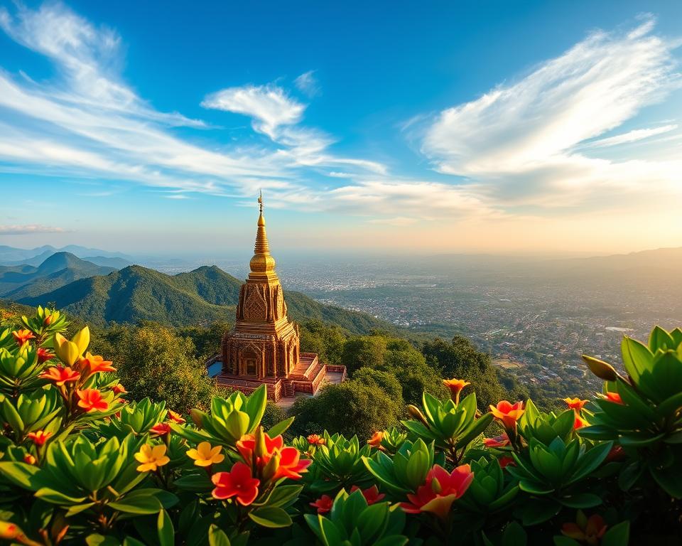 A breathtaking panoramic view of Wat Phra That Doi Suthep temple, nestled atop Doi Suthep mountain in Thailand. In the foreground, vibrant green foliage dotted with colorful tropical flowers frames the scene, leading the eye towards the intricate golden stupa of the temple. The middle ground features the ornate architecture of Wat Phra That Doi Suthep, showcasing its glistening tiles and detailed carvings under natural sunlight. In the background, rolling hills and a sprawling city view extend into the horizon, with soft clouds lazily drifting across a vivid blue sky. Capture the scene during the golden hour, with warm, soft lighting casting a magical glow on the temple while emphasizing the lush surroundings, creating a serene and inspiring atmosphere perfect for photography enthusiasts.