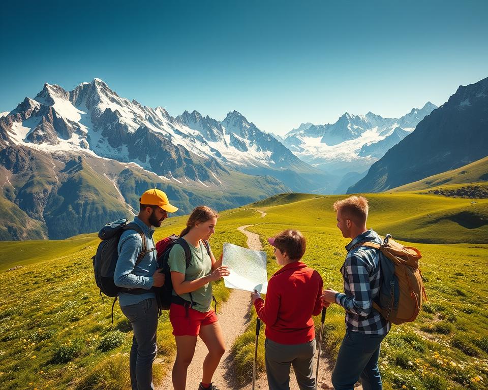A breathtaking panoramic view of the Tour du Mont Blanc, showcasing rugged mountain peaks dusted with pristine snow in the background. In the foreground, a diverse group of three hikers in modest, colorful outdoor clothing consult a detailed map, embodying the spirit of adventure and exploration. The middle ground reveals a well-trodden path winding through lush green fields dotted with wildflowers. The scene is bathed in warm, golden sunlight, creating a welcoming atmosphere; the lighting casts gentle shadows and highlights the textures of the landscape. The angle of the shot is slightly elevated, capturing both the grandeur of the mountains and the intimacy of the hiking experience, conveying a sense of budgeting and planning for an unforgettable journey.