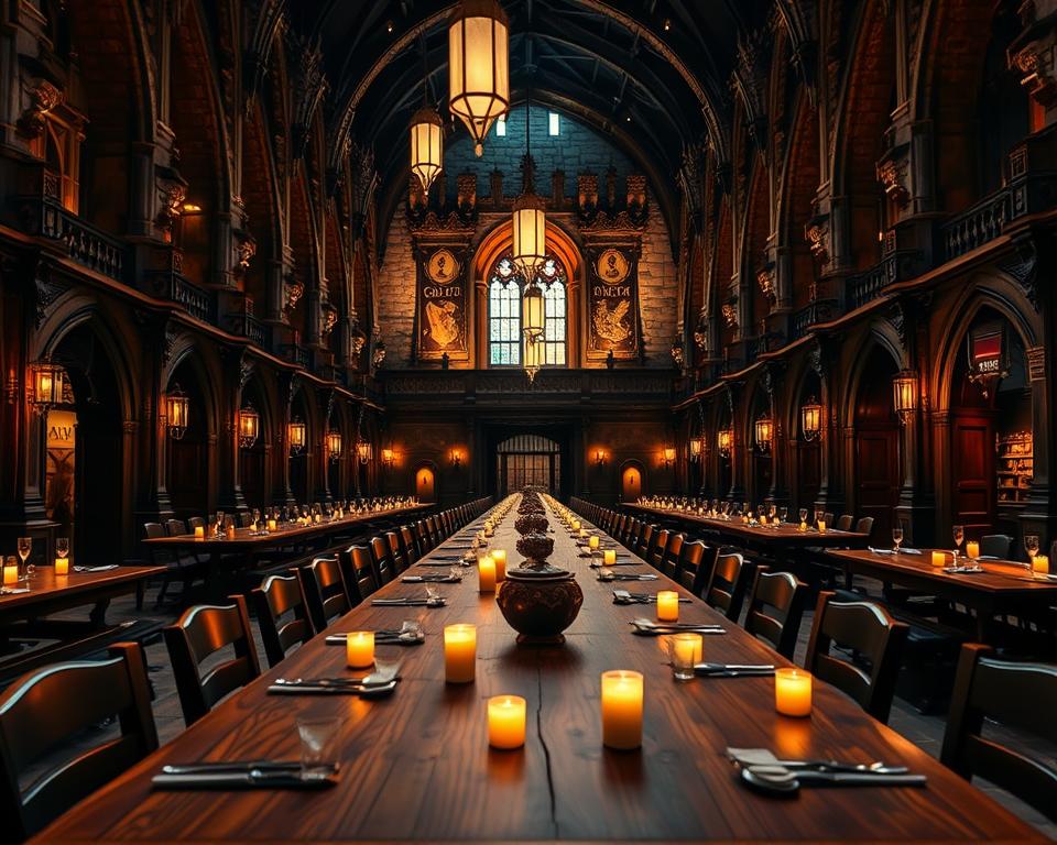 A breathtaking scene capturing the Warner Bros. Studio Tour London, focused on the iconic Great Hall from the Harry Potter series. In the foreground, showcase intricate set details like the long wooden tables adorned with elegant, magical props and flickering candlelight. In the middle, the towering stone walls with house banners and the enchanting floating candles create an immersive atmosphere. The background reveals dimly lit corridors leading to other famous sets, softly illuminated with warm, inviting light. Use a wide-angle lens to emphasize the spaciousness and grandeur of the hall. Aim for a whimsical, yet nostalgic mood, evoking the magic of the Harry Potter universe. The image should be free of any text, watermarks, or distractions, showcasing only the beauty of the set design.