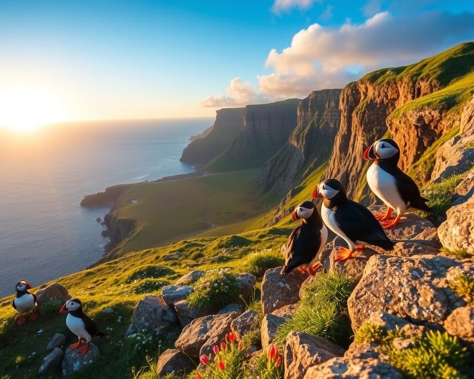 A breathtaking scene capturing the best locations to observe puffins in Iceland. In the foreground, a group of vibrant puffins perched on a rocky cliff, their colorful beaks contrasting with the rugged browns and greys of the rocks. In the middle ground, a lush green landscape dotted with wildflowers, showcasing Iceland's unique flora. The background reveals dramatic cliffs and a deep blue ocean under a soft golden sunrise, creating a warm glow that bathes the scene in tranquility. The atmosphere is serene, inviting viewers to feel the beauty of nature. The lighting should enhance the vibrant colors of the puffins and the landscape. The composition is wide, taken from an elevated angle to encompass the stunning scenery.
