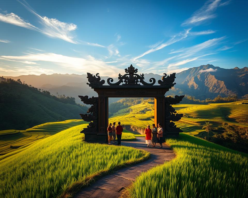 A breathtaking scene capturing the entrance of Jatiluwih rice terraces in Bali. In the foreground, lush green rice paddies stretch across rolling hills, with a winding path leading to an ornate wooden entrance gate, adorned with traditional Balinese carvings. The middle ground features local visitors admiring the stunning views while dressed in colorful, modest clothing, soaking in the rich culture and natural beauty. In the background, majestic mountains rise against a clear blue sky, with wisps of clouds casting soft shadows on the landscape. The warm golden light of the late afternoon sun highlights the vibrant greens and earthy tones, creating a tranquil and inviting atmosphere that beckons exploration.