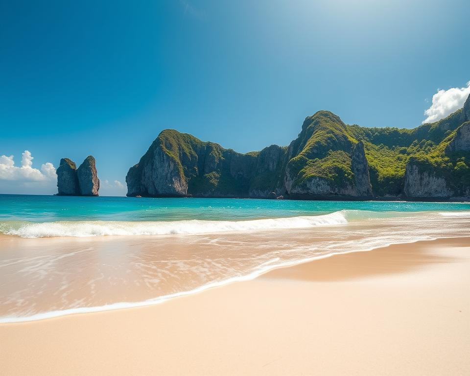 A breathtaking scene of Diamond Beach on Nusa Penida during the best travel season. In the foreground, soft white sand glistens under bright sunlight, with gentle waves lapping at the shore. The middle ground features stunning limestone cliffs adorned with lush greenery, creating a dramatic contrast against the turquoise sea. In the background, a clear blue sky with a few fluffy clouds enhances the serene atmosphere. The lighting is warm and inviting, highlighting the vibrant colors of the landscape. The image captures a sense of tranquility and invites viewers to imagine themselves on this idyllic beach. Use a wide-angle lens perspective to emphasize the expanse of the beach and cliffs, ensuring a vivid, immersive experience.