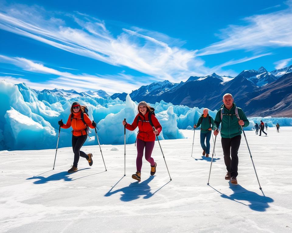 A breathtaking scene of Minitrekking on the Perito Moreno Glacier in Argentina, showcasing a group of tourists in modest hiking attire, joyfully walking on the ice. In the foreground, the gleaming blue ice formations and intricate crevasses glisten under the midday sun. The middle ground features explorers using trekking poles, moving confidently across the glacier's surface, while their breaths create small puffs of vapor in the crisp, cool air. The background reveals the stunning backdrop of towering, rugged mountains and vibrant blue sky punctuated with wispy white clouds. Soft, diffused sunlight casts gentle shadows, enhancing the textures of the glacier. The mood is adventurous and serene, capturing the beauty of nature and the thrill of exploration in Patagonia.