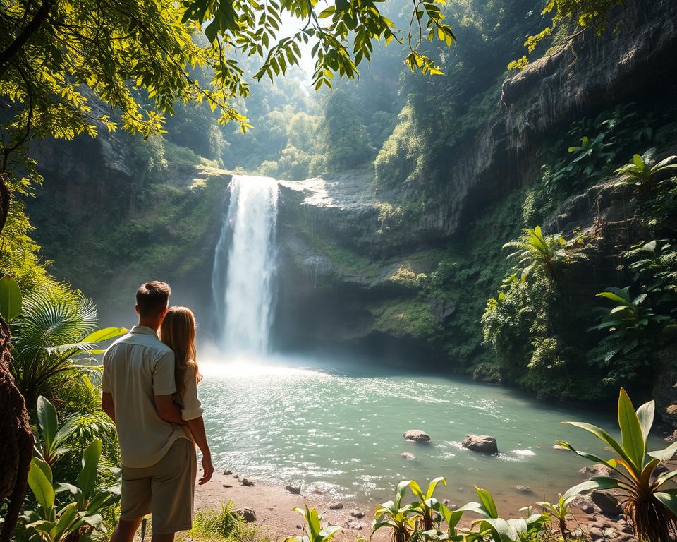 A breathtaking scene of a serene waterfall in Bali, surrounded by lush greenery and tropical plants. In the foreground, show a couple dressed in modest casual clothing, observing and enjoying the natural beauty, taking care not to disturb the environment. The middle ground features the cascading waterfall, with water shimmering under soft, dappled sunlight filtering through the leaves above. In the background, depict a vibrant jungle landscape, teeming with diverse flora. The overall atmosphere should convey a sense of peace and sustainability, highlighting the importance of eco-friendly tourism practices. Use a wide-angle perspective to capture the grandeur of the waterfall, with dynamic lighting to enhance the scene's vitality and allure. A breathtaking scene of a serene waterfall in Bali, surrounded by lush greenery and tropical plants. In the foreground, show a couple dressed in modest casual clothing, observing and enjoying the natural beauty, taking care not to disturb the environment. The middle ground features the cascading waterfall, with water shimmering under soft, dappled sunlight filtering through the leaves above. In the background, depict a vibrant jungle landscape, teeming with diverse flora. The overall atmosphere should convey a sense of peace and sustainability, highlighting the importance of eco-friendly tourism practices. Use a wide-angle perspective to capture the grandeur of the waterfall, with dynamic lighting to enhance the scene's vitality and allure.