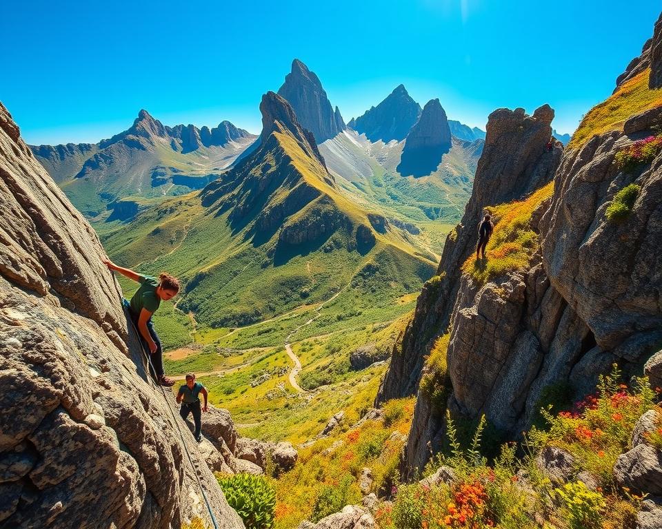 A breathtaking scene of climbers ascending the rugged cliffs of Pico Europa in Spain, showcasing the dramatic rock faces and lush green valleys below. In the foreground, two climbers in modest casual clothing are skillfully scaling a vertical rock face, their expressions focused and determined. The middle ground features more climbers navigating challenging routes while surrounded by vibrant wildflowers and the diverse flora of the national park. In the background, towering peaks pierce the bright blue sky, casting gentle shadows on the landscape. The scene is illuminated by warm, golden sunlight, creating a serene yet exhilarating atmosphere. A wide-angle perspective captures the grandeur of the mountains and the vastness of the park, emphasizing the spirit of adventure and the beauty of nature.