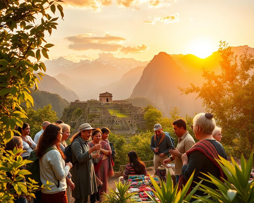 A breathtaking scene of sustainable travel in Peru, showcasing the majestic Andes mountains in the background under a golden sunset. In the foreground, a diverse group of travelers in modest casual clothing are engaged in an immersive cultural exchange with local artisans, who display their intricate handicrafts. Lush greenery surrounds the scene, symbolizing respect for nature and heritage. The atmosphere is warm and inviting, with soft, natural lighting illuminating the vibrant colors of the textiles and crafts. A traditional Incan structure peeks through the foliage, hinting at rich history. The composition is captured from a mid-angle perspective, allowing for a full view of both the cultural interaction and the stunning landscape, radiating a sense of harmony and sustainability.