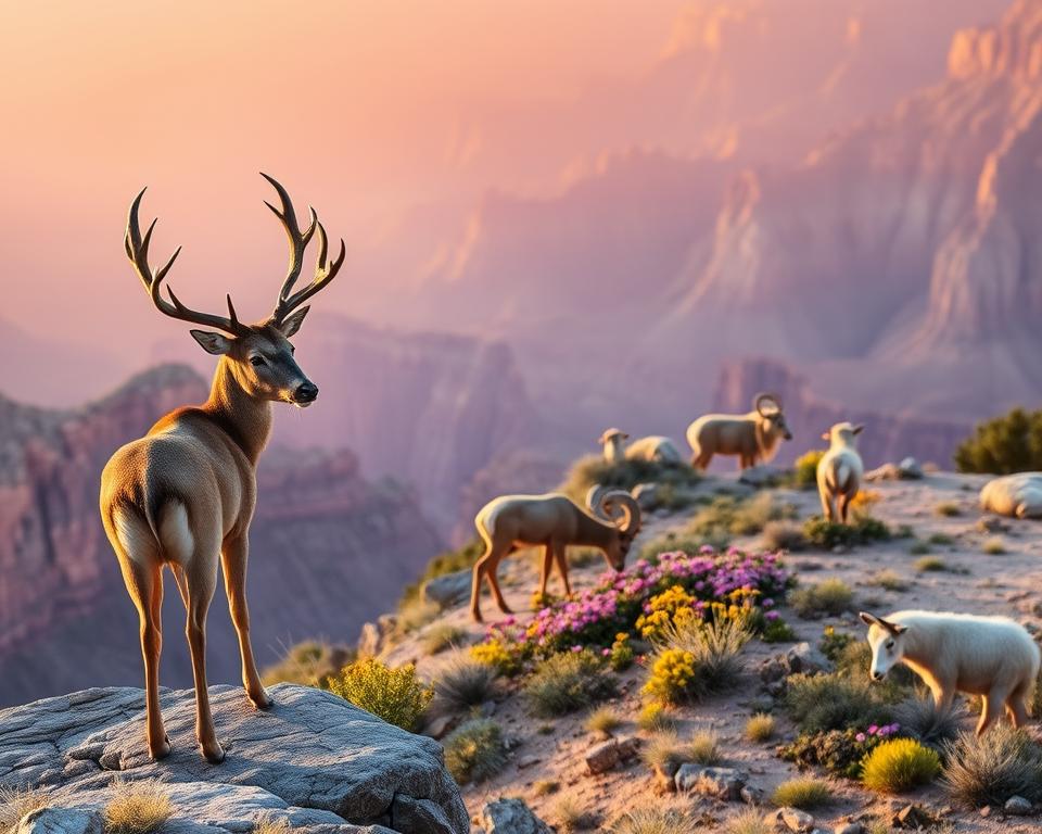 A breathtaking scene of the Grand Canyon at dawn, showcasing the diverse wildlife in the area. In the foreground, a majestic mule deer stands on the rocky edge, with its antlers softly illuminated by the warm, golden morning light. In the middle ground, a family of bighorn sheep grazes near a vibrant patch of wildflowers, their woolly coats contrasting with the earthy tones of the canyon. The background features the dramatic cliffs of the Grand Canyon, bathed in soft hues of orange and purple as the sun rises, casting long shadows. The atmosphere is tranquil and serene, evoking a sense of connection with nature and its inhabitants. The image captures the essence of the wild beauty of the Grand Canyon ecosystem, with a focus on wildlife and the natural landscape.