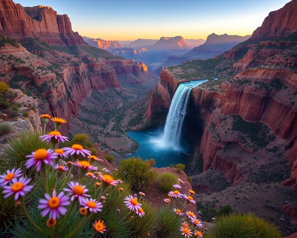 A breathtaking scene of the Grand Canyon showcasing a majestic waterfall cascading into a crystal-clear pool at its base. In the foreground, vibrant wildflowers in shades of purple and yellow frame the waterfall, while glistening droplets catch the sunlight. The middle ground features rugged canyon walls with rich, earthy tones of red and brown, surrounded by lush green vegetation. In the background, distant canyon ridges create a gradient of blues and purples under a serene sky, set at the golden hour, emitting warm light that enhances the tranquil atmosphere. The angle should capture the waterfall from a slightly elevated viewpoint, giving a sense of depth and vastness. The mood is serene, evoking wonder and appreciation for nature's beauty. A breathtaking scene of the Grand Canyon showcasing a majestic waterfall cascading into a crystal-clear pool at its base. In the foreground, vibrant wildflowers in shades of purple and yellow frame the waterfall, while glistening droplets catch the sunlight. The middle ground features rugged canyon walls with rich, earthy tones of red and brown, surrounded by lush green vegetation. In the background, distant canyon ridges create a gradient of blues and purples under a serene sky, set at the golden hour, emitting warm light that enhances the tranquil atmosphere. The angle should capture the waterfall from a slightly elevated viewpoint, giving a sense of depth and vastness. The mood is serene, evoking wonder and appreciation for nature's beauty.