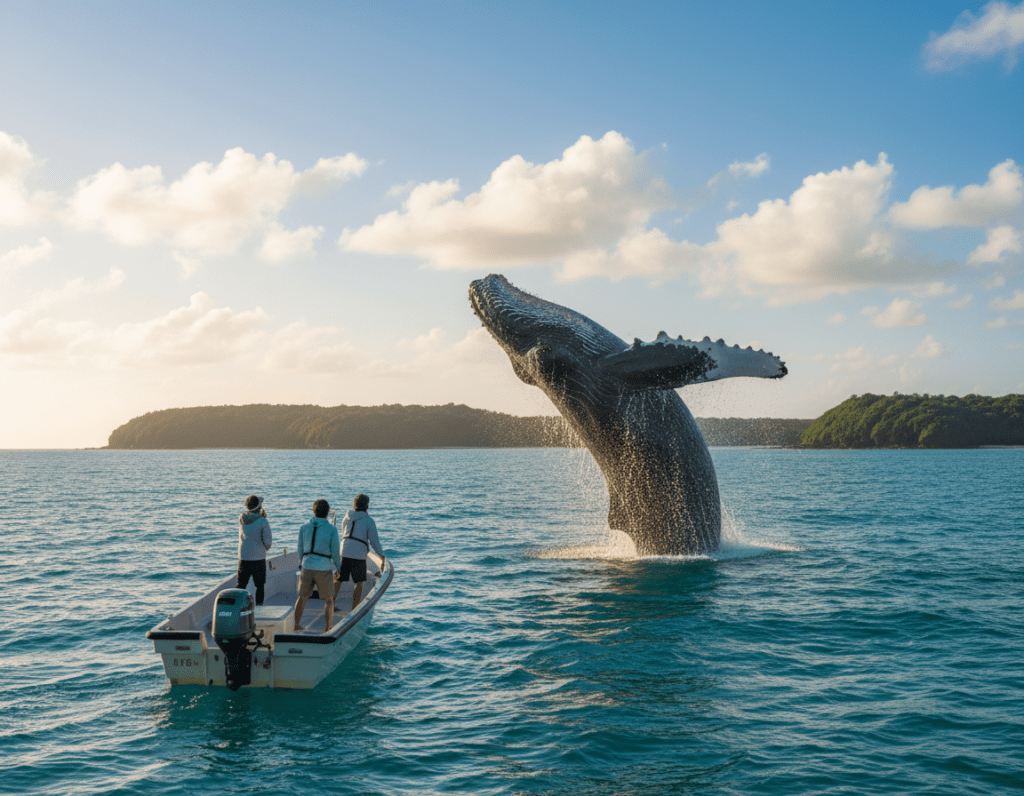 A breathtaking scene of whale watching in the Kerama Blue waters surrounding Aka Island. In the foreground, a small boat with a few tourists wearing modest casual clothing, gazing in awe at a massive humpback whale breaching the surface, sending up a spray of sparkling ocean water. The middle section features gentle waves splashing around the boat, with soft, sunlit reflections dancing on the water's surface. In the background, vibrant blue skies are dotted with fluffy white clouds, while lush green islands encapsulate the water, hinting at the natural beauty of the region. The image is captured in bright daylight with warm, soft lighting, conveying a serene and joyful atmosphere, perfect for a tranquil day of whale watching. The angle is slightly elevated to showcase both the whale and the scenic surroundings. A breathtaking scene of whale watching in the Kerama Blue waters surrounding Aka Island. In the foreground, a small boat with a few tourists wearing modest casual clothing, gazing in awe at a massive humpback whale breaching the surface, sending up a spray of sparkling ocean water. The middle section features gentle waves splashing around the boat, with soft, sunlit reflections dancing on the water's surface. In the background, vibrant blue skies are dotted with fluffy white clouds, while lush green islands encapsulate the water, hinting at the natural beauty of the region. The image is captured in bright daylight with warm, soft lighting, conveying a serene and joyful atmosphere, perfect for a tranquil day of whale watching. The angle is slightly elevated to showcase both the whale and the scenic surroundings.