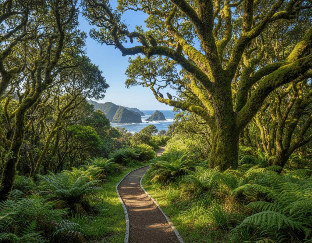 A breathtaking scene showcasing the natural beauty of Stewart Island, New Zealand, focusing on a winding hiking trail through Rakiura National Park. In the foreground, a well-maintained track lined with lush green ferns and native shrubs leads the viewer’s eye into the distance. The middle ground features towering, ancient trees draped in moss, while occasional glimpses of endangered bird species can be seen perched on branches. The background reveals the rugged, majestic coastline under a bright, clear blue sky, with soft sunlight filtering through the canopy, creating a warm, inviting atmosphere. The image should evoke a sense of adventure and tranquility, captured from a slightly elevated angle to emphasize the expanse of nature. A breathtaking scene showcasing the natural beauty of Stewart Island, New Zealand, focusing on a winding hiking trail through Rakiura National Park. In the foreground, a well-maintained track lined with lush green ferns and native shrubs leads the viewer’s eye into the distance. The middle ground features towering, ancient trees draped in moss, while occasional glimpses of endangered bird species can be seen perched on branches. The background reveals the rugged, majestic coastline under a bright, clear blue sky, with soft sunlight filtering through the canopy, creating a warm, inviting atmosphere. The image should evoke a sense of adventure and tranquility, captured from a slightly elevated angle to emphasize the expanse of nature.