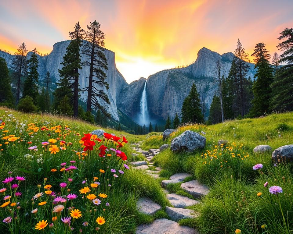 A breathtaking scene showcasing the stunning landscapes of the National Parks in the USA. In the foreground, vibrant wildflowers bloom in a lush meadow, intertwined with rocky paths leading into the heart of nature. The middle ground features a majestic granite cliff reminiscent of Yosemite, with cascading waterfalls that glisten under the bright sun. Towering pine trees frame the scene, offering a sense of scale and tranquility. In the background, the vast expanse of a dramatic sunset paints the sky in hues of orange, pink, and purple, casting a warm glow over the entire landscape. The atmosphere exudes adventure and serenity, ideal for iconic road trips through America’s most beautiful natural wonders. Captured in vivid detail, the image is lit softly, resembling an early evening glow, with a wide-angle view that enhances the grandeur of the scenery.