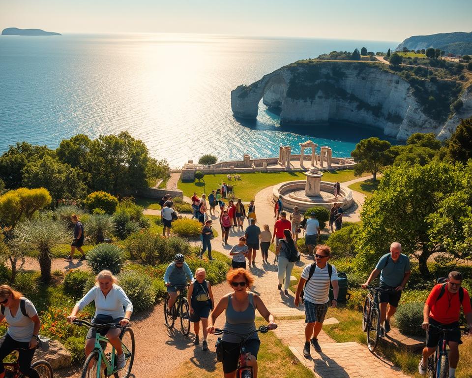 A breathtaking scene showcasing the vibrant activities on Brijuni Island, Croatia. In the foreground, a diverse group of visitors in modest casual clothing engages in various outdoor activities like cycling, birdwatching, and exploring lush walking trails. The middle ground features a beautifully manicured landscape dotted with native flora and serene pathways, leading towards ancient Roman ruins, symbolizing cultural exploration. In the background, the inviting azure sea sparkles under the warm glow of the afternoon sun, with dramatic cliffs framing the horizon. The atmosphere is lively and invigorating, encapsulating the essence of adventure and nature. The image is well-lit, reminiscent of a high-quality travel magazine photograph, with a slight depth of field to focus on the activities while subtly blurring the distant vistas. A breathtaking scene showcasing the vibrant activities on Brijuni Island, Croatia. In the foreground, a diverse group of visitors in modest casual clothing engages in various outdoor activities like cycling, birdwatching, and exploring lush walking trails. The middle ground features a beautifully manicured landscape dotted with native flora and serene pathways, leading towards ancient Roman ruins, symbolizing cultural exploration. In the background, the inviting azure sea sparkles under the warm glow of the afternoon sun, with dramatic cliffs framing the horizon. The atmosphere is lively and invigorating, encapsulating the essence of adventure and nature. The image is well-lit, reminiscent of a high-quality travel magazine photograph, with a slight depth of field to focus on the activities while subtly blurring the distant vistas.
