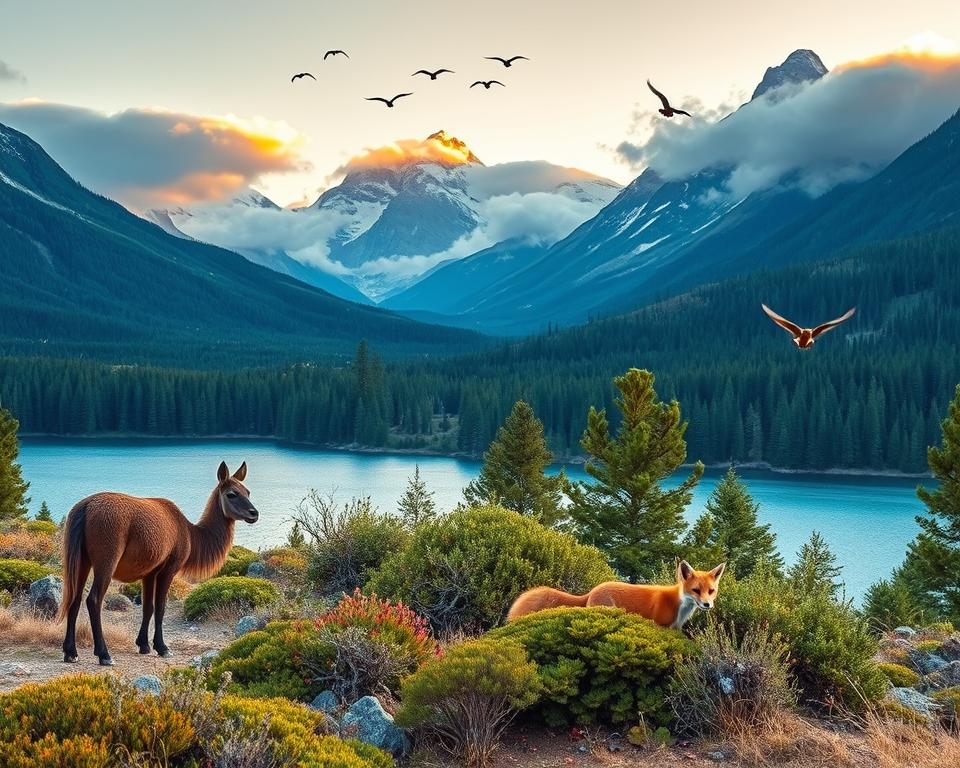 A breathtaking scene showcasing the wildlife of Patagonia, specifically near Lake Nahuel Huapi in Argentina. In the foreground, a vibrant array of native species: a guanaco gracefully grazing, a playful red fox curiously peeking from the bushes, and a flock of colorful birds flying overhead. The middle ground features the shimmering blue waters of the lake surrounded by lush green forests. Majestic mountains rise in the background, partially shrouded in mist, illuminated by the soft golden light of a sunrise. The atmosphere is serene and tranquil, evoking a sense of connection with nature. Capture this scene with a wide-angle lens to accentuate the expansive landscape, ensuring the colors are vivid and the details are sharp, while maintaining a harmonious balance between the elements. A breathtaking scene showcasing the wildlife of Patagonia, specifically near Lake Nahuel Huapi in Argentina. In the foreground, a vibrant array of native species: a guanaco gracefully grazing, a playful red fox curiously peeking from the bushes, and a flock of colorful birds flying overhead. The middle ground features the shimmering blue waters of the lake surrounded by lush green forests. Majestic mountains rise in the background, partially shrouded in mist, illuminated by the soft golden light of a sunrise. The atmosphere is serene and tranquil, evoking a sense of connection with nature. Capture this scene with a wide-angle lens to accentuate the expansive landscape, ensuring the colors are vivid and the details are sharp, while maintaining a harmonious balance between the elements.