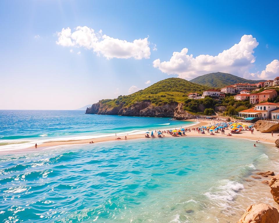 A breathtaking summer scene in Albania, showcasing the stunning Albanian Riviera. In the foreground, vibrant blue waves gently lap against a pristine sandy beach, dotted with colorful beach umbrellas and sunbathers in modest beach attire enjoying the sun. The middle ground highlights lush green hills and rocky cliffs that frame the coastline, with a quaint seaside village visible, featuring charming white houses with red-tiled roofs. In the background, a clear azure sky with soft, fluffy clouds adds to the serene atmosphere. The sunlight bathes the landscape in a warm golden hue, reflecting off the water, creating a tranquil and inviting mood. The image should be captured from a slightly elevated angle, emphasizing the picturesque coastline and vibrant summer ambiance. A breathtaking summer scene in Albania, showcasing the stunning Albanian Riviera. In the foreground, vibrant blue waves gently lap against a pristine sandy beach, dotted with colorful beach umbrellas and sunbathers in modest beach attire enjoying the sun. The middle ground highlights lush green hills and rocky cliffs that frame the coastline, with a quaint seaside village visible, featuring charming white houses with red-tiled roofs. In the background, a clear azure sky with soft, fluffy clouds adds to the serene atmosphere. The sunlight bathes the landscape in a warm golden hue, reflecting off the water, creating a tranquil and inviting mood. The image should be captured from a slightly elevated angle, emphasizing the picturesque coastline and vibrant summer ambiance.