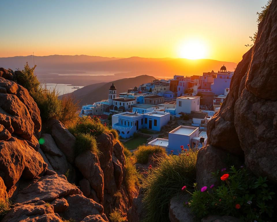 A breathtaking sunset view from the viewpoint overlooking Chefchaouen, Morocco, known as the Blue City. The foreground features rocky cliffs adorned with resilient, lush vegetation and vibrant wildflowers, capturing the essence of nature. In the middle ground, the iconic blue-painted buildings of Chefchaouen are visible, reflecting the deep blue hues under the setting sun. The background showcases the majestic Rif Mountains, bathed in warm golden and orange tones as the sun descends. The lighting is soft and ethereal, creating a serene and tranquil atmosphere. Capture the scene with a wide-angle lens to emphasize the vastness and beauty of the landscape, conveying a sense of wonder and peace at this magical moment. No human figures; focus solely on the stunning natural surroundings and architecture.