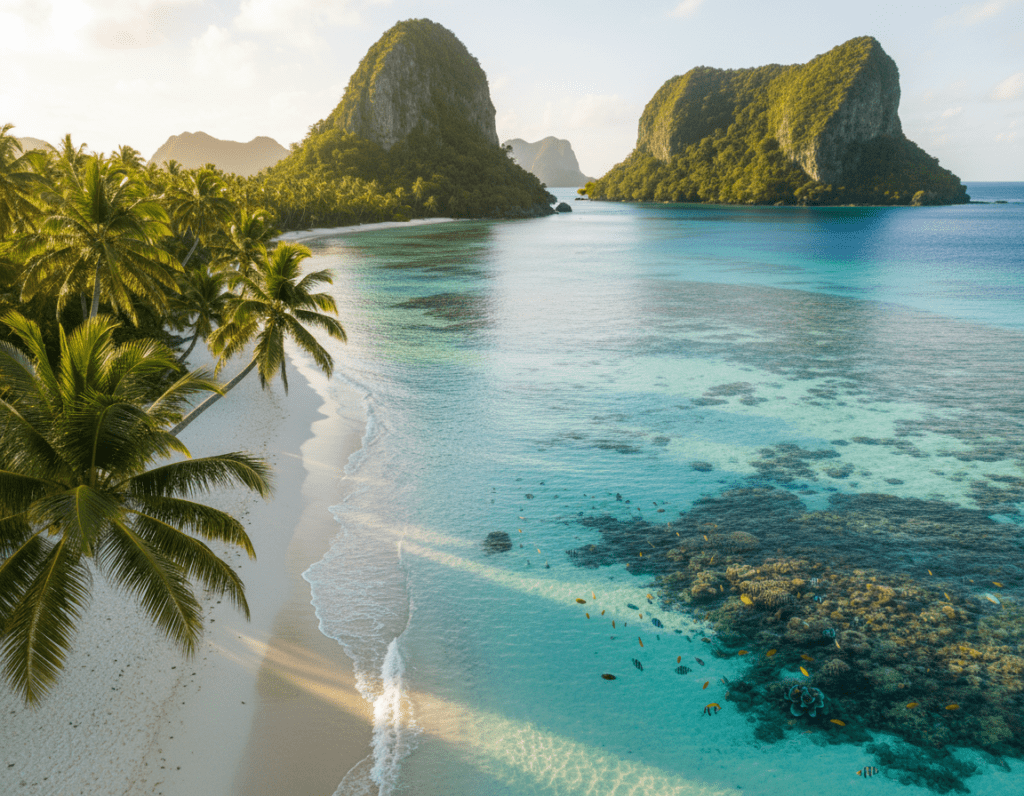 A breathtaking tropical paradise landscape featuring the lush, vibrant greenery of the Palau islands. In the foreground, delicate white sand beaches softly border crystal-clear turquoise waters, with gentle waves lapping at the shore. The middle ground showcases a vibrant coral reef beneath the surface, teeming with colorful fish and marine life. Towering palm trees sway gently in a warm ocean breeze, providing a sense of tranquility. In the background, majestic limestone cliffs rise dramatically, covered in verdant foliage that reflects the tropical climate. The scene is bathed in warm, golden sunlight, enhancing the vivid colors and creating a serene, idyllic atmosphere. The angle is taken from a slightly elevated perspective, allowing for a sweeping view of this natural paradise, evoking a sense of peace and wanderlust.