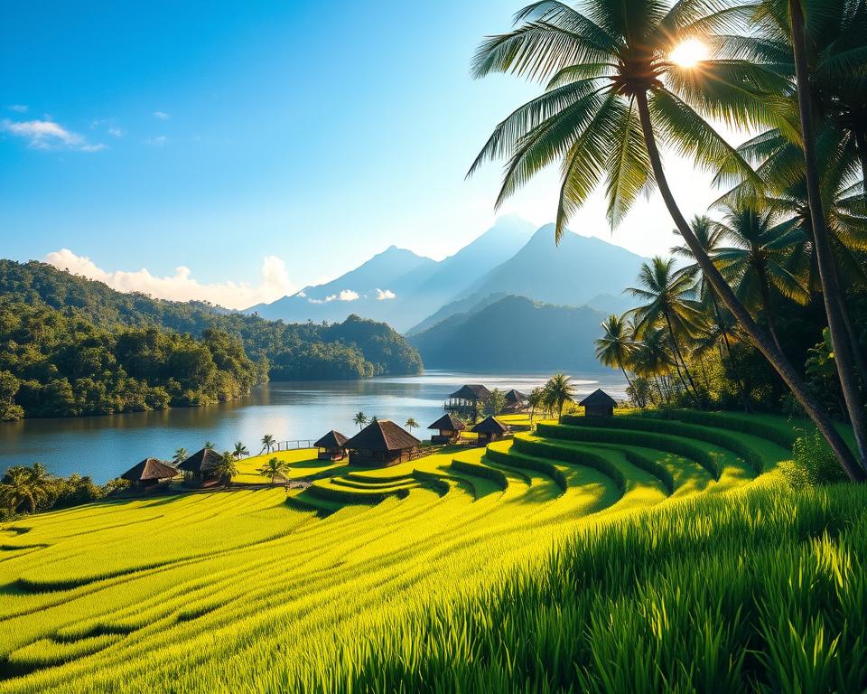 A breathtaking tropical scene depicting the best travel time in Indonesia, showcasing vibrant green rice terraces in the foreground, nestled between serene blue waters and lush jungles. In the middle ground, traditional Balinese huts sit beside calm lakes under a clear sky, suggesting a favorable weather climate. The background reveals majestic volcanic mountains, partially shrouded in mist, adding depth to the landscape. Soft, golden sunlight filters through palm trees, enhancing the tranquil atmosphere. Capture this scene with a wide-angle lens from a slightly elevated viewpoint to highlight the expansive beauty of Indonesia’s islands. Aim for a warm, inviting mood, emphasizing the idyllic nature of travel during the prime season, devoid of any text or human figures.