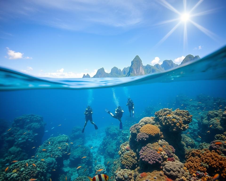 A breathtaking underwater scene at Raja Ampat, showcasing a vibrant coral reef bustling with diverse marine life. In the foreground, a group of divers in modest, professional diving gear explore the reef, surrounded by schools of colorful fish and intricate coral formations. The middle of the image features stunning blue water with shafts of sunlight piercing through the surface, illuminating the vibrant colors of the corals. In the background, the iconic limestone islands of Raja Ampat rise majestically above the waterline, lush with tropical vegetation. The overall mood is tranquil and adventurous, capturing the essence of this underwater paradise. A slight lens flare adds warmth to the sunlight, enhancing the serene atmosphere. The angle should provide a dynamic view, emphasizing both the underwater activity and the scenic beauty above. A breathtaking underwater scene at Raja Ampat, showcasing a vibrant coral reef bustling with diverse marine life. In the foreground, a group of divers in modest, professional diving gear explore the reef, surrounded by schools of colorful fish and intricate coral formations. The middle of the image features stunning blue water with shafts of sunlight piercing through the surface, illuminating the vibrant colors of the corals. In the background, the iconic limestone islands of Raja Ampat rise majestically above the waterline, lush with tropical vegetation. The overall mood is tranquil and adventurous, capturing the essence of this underwater paradise. A slight lens flare adds warmth to the sunlight, enhancing the serene atmosphere. The angle should provide a dynamic view, emphasizing both the underwater activity and the scenic beauty above.