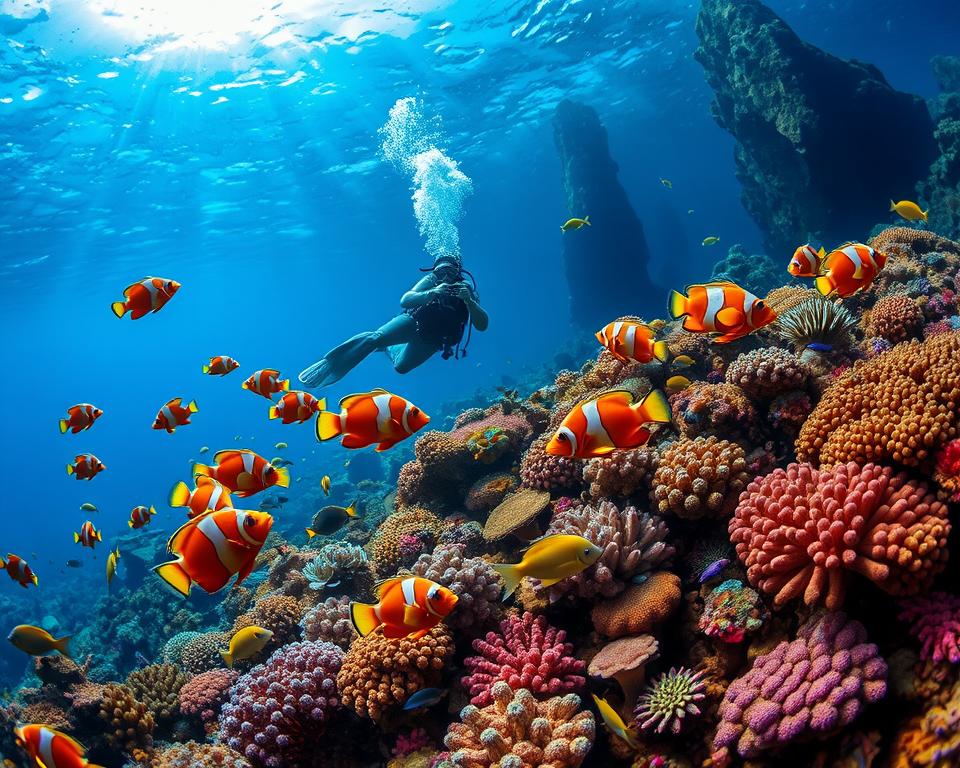 A breathtaking underwater scene showcasing the vibrant marine life of Northern Bali. In the foreground, a group of diverse fish, such as clownfish and butterflyfish, swim among colorful coral reefs teeming with life. The middle ground features a diver in professional diving gear exploring the coral, showcasing a sense of adventure and discovery. Sunlight filters through the clear water from above, casting enchanting patterns on the seafloor. In the background, hints of stunning underwater rock formations and a sense of depth create a captivating atmosphere. The overall mood is tranquil yet awe-inspiring, inviting viewers to immerse themselves in the beauty of Bali's underwater world. Use a wide-angle lens with bright, vivid colors to emphasize the rich biodiversity and clarity of the water.