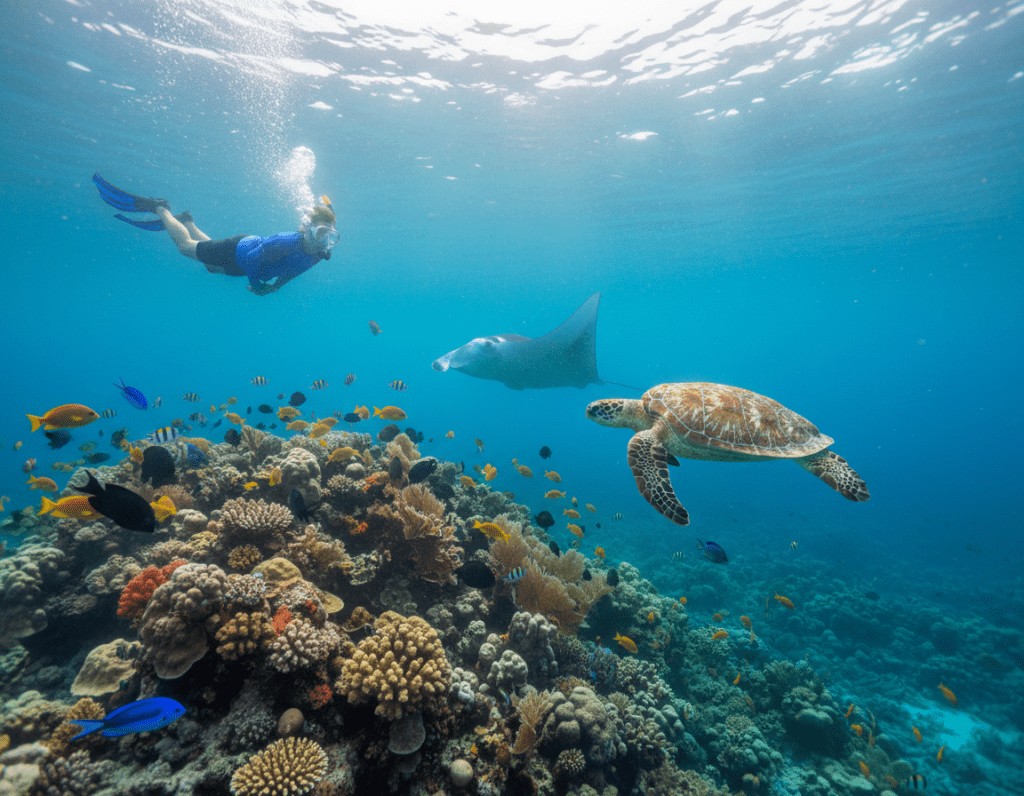 A breathtaking underwater world in the vibrant waters of Palau, showcasing a rich coral reef teeming with colorful marine life. In the foreground, a school of lively fish swims around intricate coral formations, with sunlight streaming from above, illuminating the scene. The middle ground features a diver in professional snorkeling gear, exploring the underwater landscape, while a majestic sea turtle glides gracefully nearby. In the background, soft waves ripple across the surface, creating a serene atmosphere. The image is captured using a wide-angle lens to emphasize depth and detail, with a bright, clear color palette to reflect the tropical paradise of Palau. The overall mood is adventurous and enchanting, inviting viewers to experience the wonders of underwater exploration.