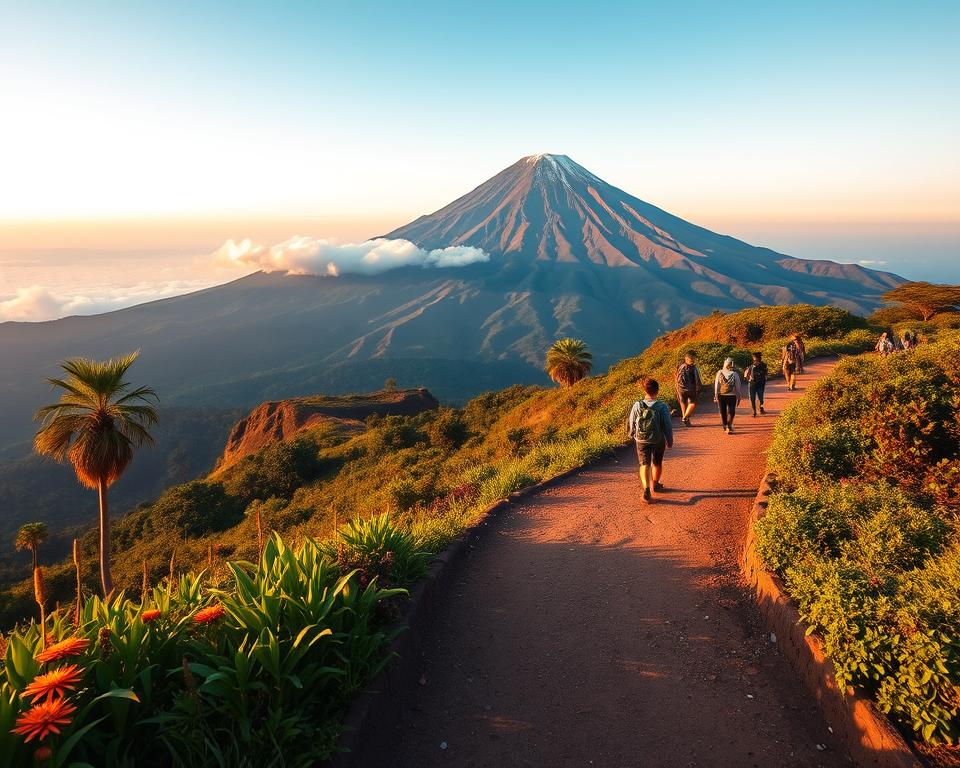 A breathtaking view at the base of Mount Agung, Bali, showcasing the iconic trails for hiking. In the foreground, a clear, winding path, flanked by lush tropical greenery and vibrant wildflowers. In the middle ground, a group of hikers in modest casual clothing, looking excited and ready for the ascent, engaging with the environment. The background highlights the majestic Mount Agung, partially shrouded in mist, its summit bathed in golden morning light, casting long shadows on the terrain. The sky is a gradient of soft blues and pinks, depicting a serene early morning atmosphere. The scene captures the essence of adventure and tranquility, perfect for illustrating a climbing route. Use a wide-angle lens to capture the grandeur of the landscape, with a warm, inviting light to enhance the mood.