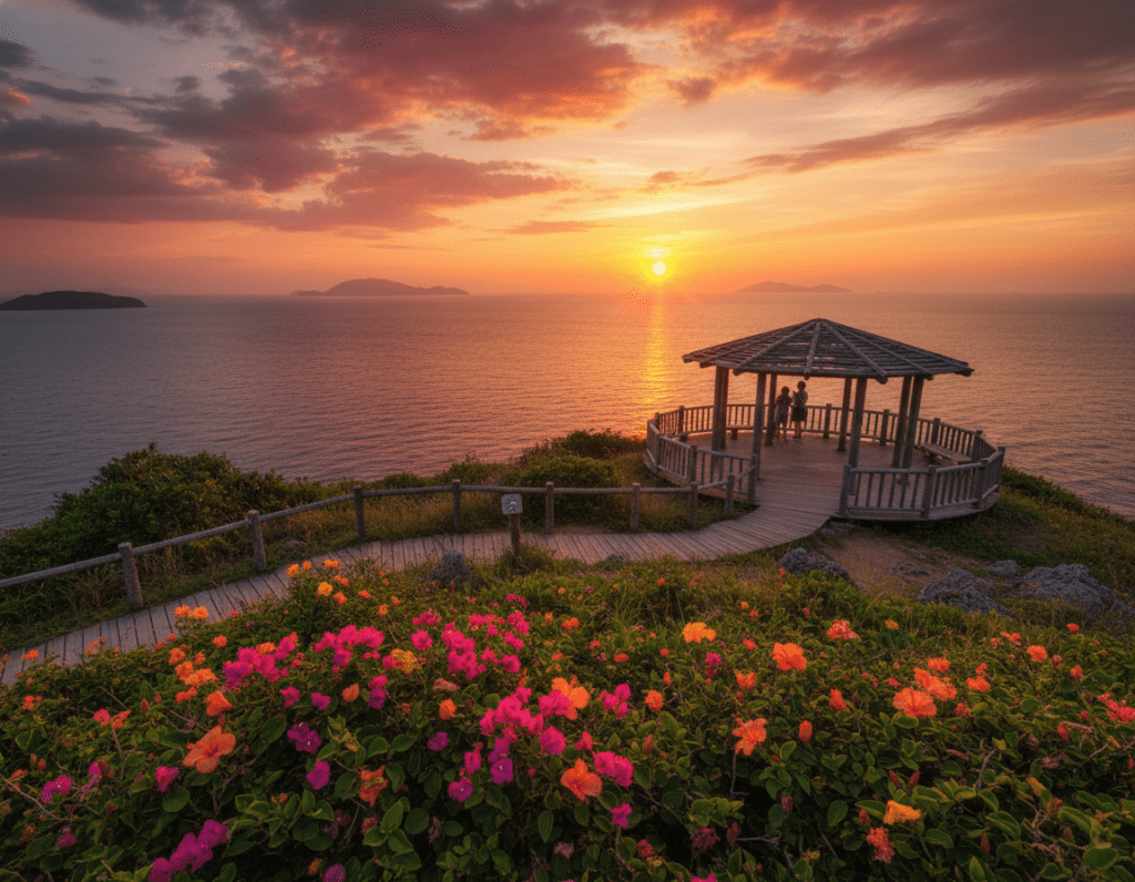 A breathtaking view from a cliffside viewpoint on Aka Island, showcasing a stunning sunset over the horizon. In the foreground, vibrant wildflowers sway gently in the breeze, adding pops of color. The middle ground features a wooden observatory with a rustic design, encouraging visitors to take in the majestic scenery. In the background, the sun sets, casting warm golden and orange hues across the sky, while the ocean reflects the brilliant colors, creating a serene and tranquil atmosphere. The scene is illuminated by soft, natural light, emphasizing the beauty of nature. Capture this picturesque moment from a wide-angle perspective, highlighting both the panoramic view and intimate details, evoking feelings of peace and wonder. A breathtaking view from a cliffside viewpoint on Aka Island, showcasing a stunning sunset over the horizon. In the foreground, vibrant wildflowers sway gently in the breeze, adding pops of color. The middle ground features a wooden observatory with a rustic design, encouraging visitors to take in the majestic scenery. In the background, the sun sets, casting warm golden and orange hues across the sky, while the ocean reflects the brilliant colors, creating a serene and tranquil atmosphere. The scene is illuminated by soft, natural light, emphasizing the beauty of nature. Capture this picturesque moment from a wide-angle perspective, highlighting both the panoramic view and intimate details, evoking feelings of peace and wonder.