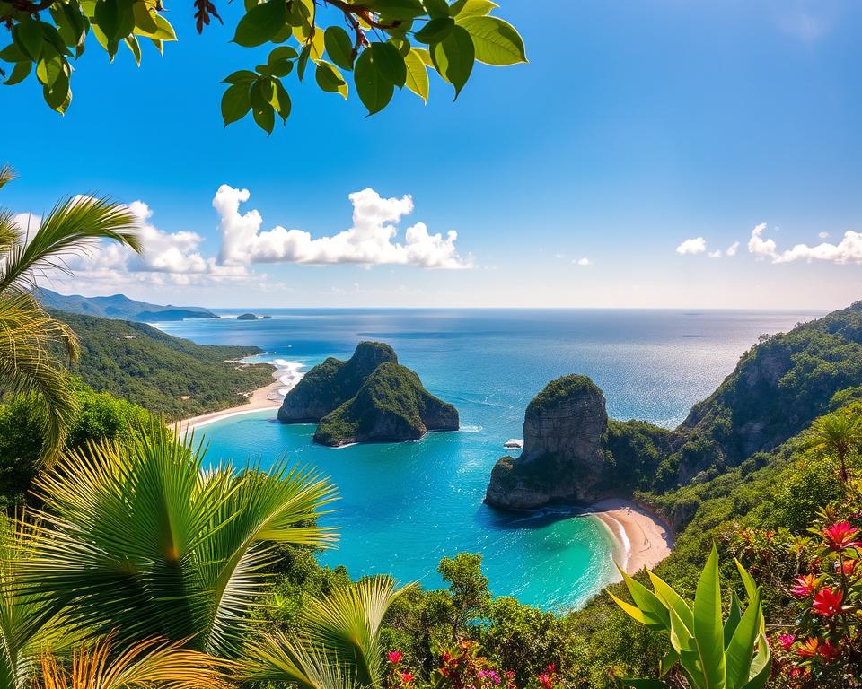 A breathtaking view from one of the scenic lookout points in Tayrona National Natural Park, capturing lush green jungle and rugged coastal cliffs meeting pristine sandy beaches. In the foreground, vibrant tropical flora, including palm trees and colorful flowers, frame the scene. The middle ground showcases panoramic vistas of turquoise waters sparkling in the sunlight, with gentle waves lapping against the shore. The background features dramatic rocky outcrops rising sharply against a clear blue sky scattered with a few fluffy white clouds. The sunlight casts a warm, golden hue across the landscape, creating a tranquil and inviting atmosphere, reminiscent of a tropical paradise. The image is taken from a slightly elevated angle, highlighting the beauty of nature in this protected area.