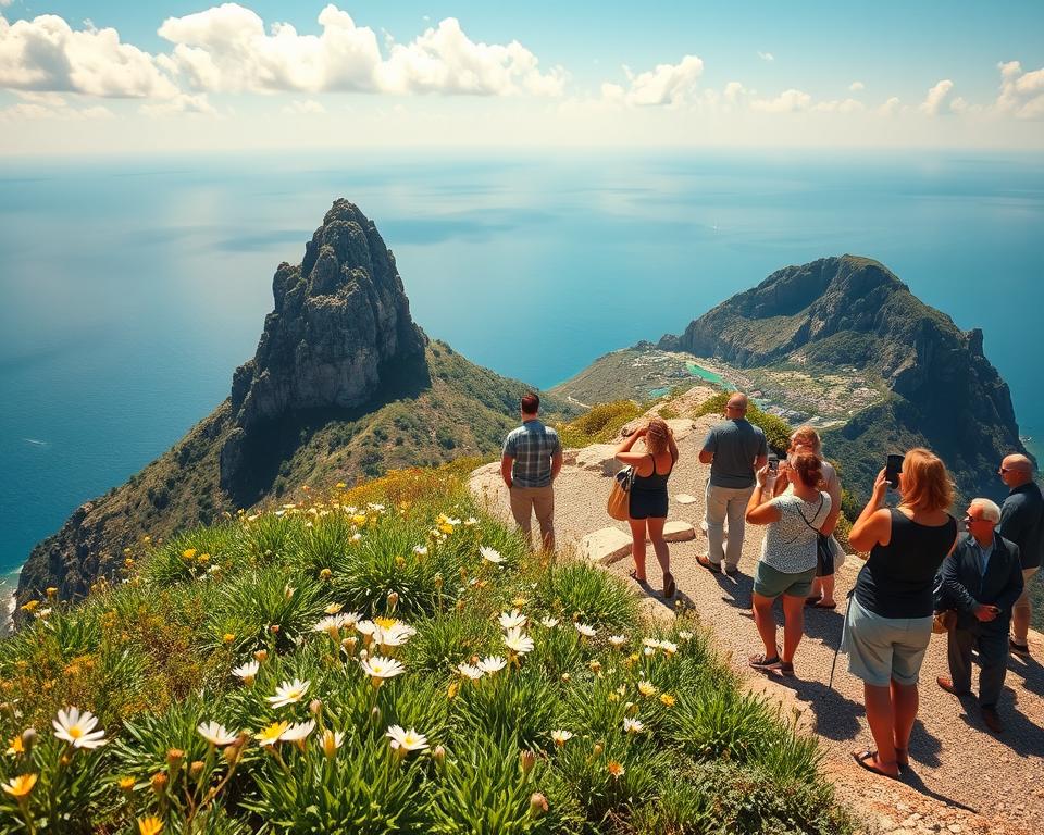 A breathtaking view from the top of the Gibraltar Rock, showcasing the iconic rock formation known as the Affenfelsen. In the foreground, a lush green landscape with wildflowers swaying gently in the breeze. In the middle ground, tourists in modest casual clothing taking pictures and admiring the scenic vistas, capturing the vibrant atmosphere. The background features the azure Mediterranean Sea stretching endlessly, with a clear blue sky dotted with fluffy white clouds. The scene is illuminated by warm, golden sunlight, casting soft shadows and creating a serene yet lively mood. The image should be captured from an elevated angle, emphasizing the height and grandeur of Gibraltar, perfect for illustrating the best viewpoints and photo spots.