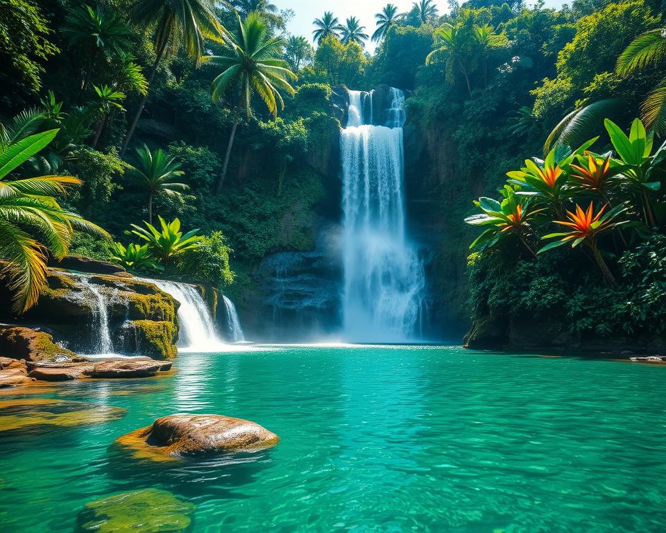 A breathtaking view of Aling-Aling Waterfall in Bali, surrounded by lush, tropical greenery. In the foreground, crystal-clear water cascades over rocky ledges into a serene pool, reflecting the vibrant green of the surroundings. In the middle ground, the waterfall plunges dramatically from a height, creating a misty spray that catches the sunlight, resulting in beautiful rainbows. The background features dense jungle foliage, with towering palm trees and exotic plants framing the scene. The lighting is bright and natural, illuminating the vibrant colors of the landscape, while a soft, tranquil atmosphere invites adventure. Capture this scene from a slightly elevated angle to showcase the waterfall's grandeur and the serene beauty of nature, emphasizing the sense of exploration and wonder of Bali's breathtaking landscapes. A breathtaking view of Aling-Aling Waterfall in Bali, surrounded by lush, tropical greenery. In the foreground, crystal-clear water cascades over rocky ledges into a serene pool, reflecting the vibrant green of the surroundings. In the middle ground, the waterfall plunges dramatically from a height, creating a misty spray that catches the sunlight, resulting in beautiful rainbows. The background features dense jungle foliage, with towering palm trees and exotic plants framing the scene. The lighting is bright and natural, illuminating the vibrant colors of the landscape, while a soft, tranquil atmosphere invites adventure. Capture this scene from a slightly elevated angle to showcase the waterfall's grandeur and the serene beauty of nature, emphasizing the sense of exploration and wonder of Bali's breathtaking landscapes.