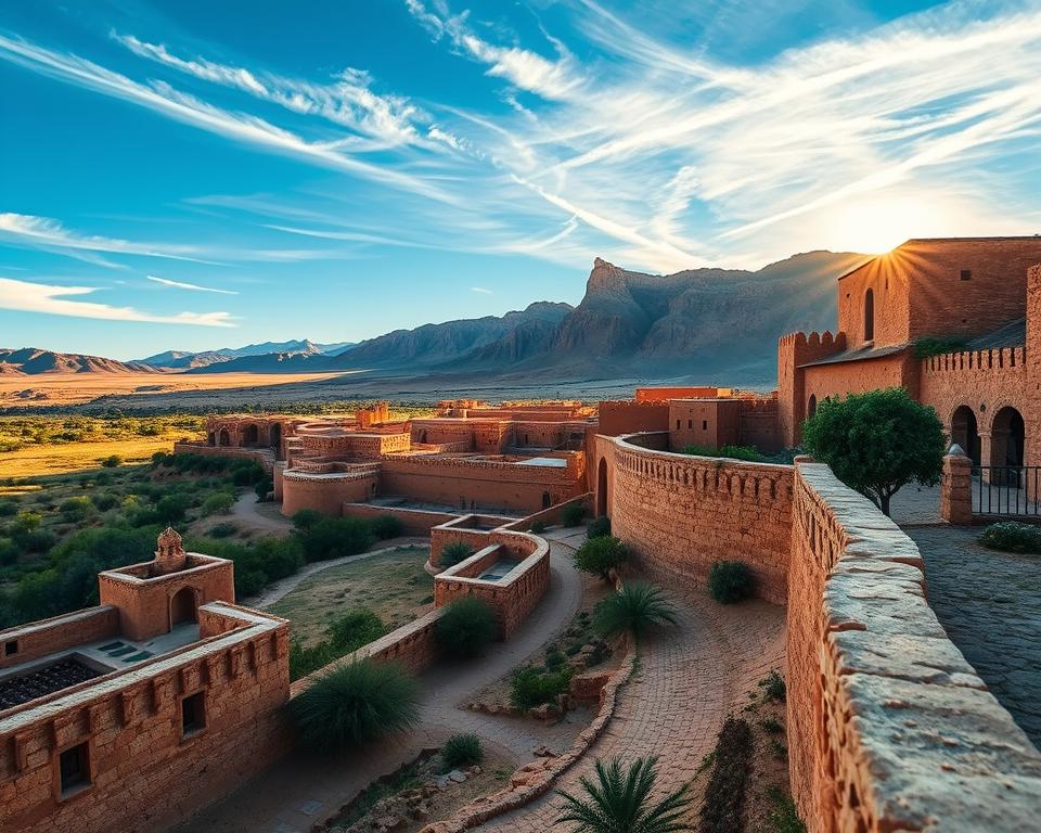 A breathtaking view of "Aussichtspunkt Ksar," showcasing the stunning architectural marvel of Ait Ben Haddou. In the foreground, include textured earth tones of the kasbah walls and winding paths, dotted with local greenery. The middle ground should feature the iconic adobe structures, their angled roofs catching the warm afternoon sunlight, reflecting shades of ochre and terracotta. In the background, mountains rise majestically under a clear blue sky, with wispy clouds framing the scene. Use soft, golden hour lighting to create a warm, inviting atmosphere. Capture the essence of traditional Moroccan architecture with intricate details, emphasizing both the beauty and serenity of this UNESCO World Heritage site.