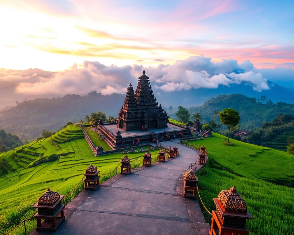 A breathtaking view of Besakih Temple, the Mother Temple of Bali, set against a backdrop of lush green rice terraces and misty mountains. In the foreground, a winding path leads to the temple entrance, adorned with traditional Balinese offerings. The middle ground features the majestic temple structure, characterized by its distinct pagodas and intricate carvings, bathed in the warm golden light of late afternoon. The sky above is a stunning gradient of orange and pink hues, evoking a sense of tranquility and spiritual awakening. The atmosphere is serene and inviting, perfect for travelers seeking a spiritual journey. Capture this scene with a wide-angle lens to emphasize the grandeur of the landscape, ensuring a balanced composition that highlights the temple's cultural significance without any people present.