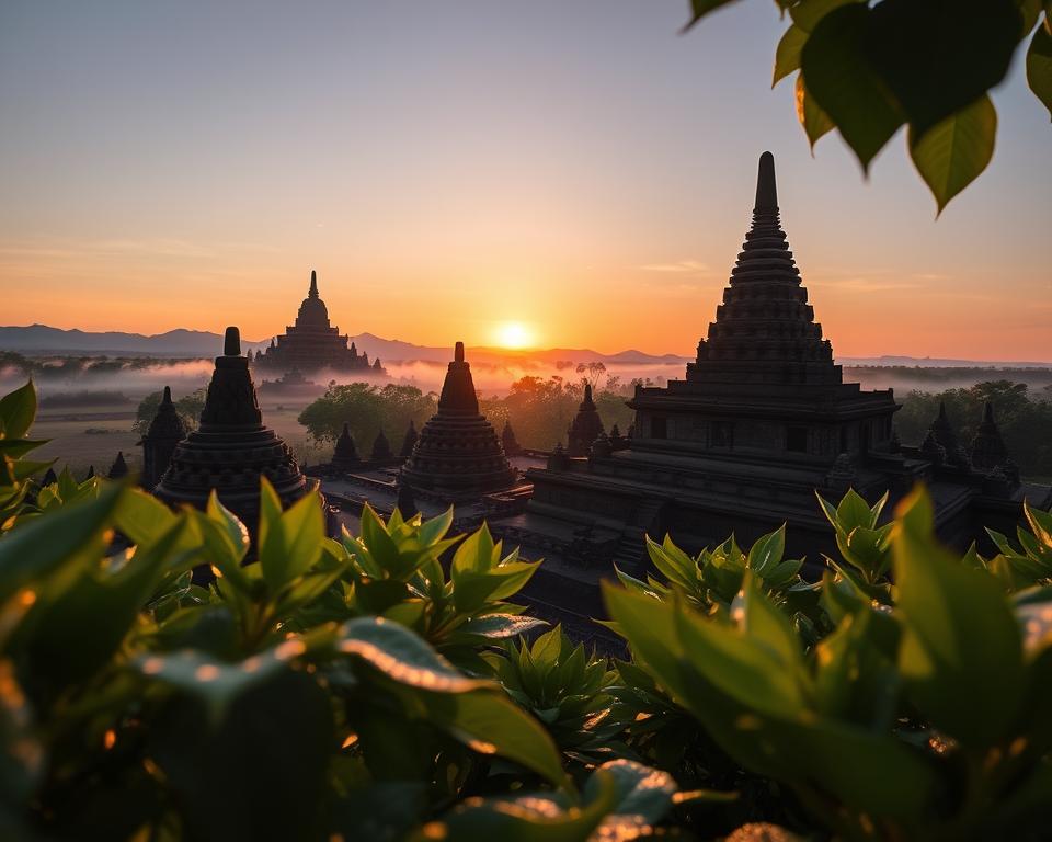 A breathtaking view of Borobudur Temple at sunrise, showcasing the intricate stone carvings and stupas bathed in warm golden light. In the foreground, lush greenery flourishes, dew glistening on leaves as the first rays of sun illuminate the silhouette of the temple. The middle ground captures several tiers of the temple, with its iconic pyramidal structure rising majestically, surrounded by a soft mist. In the background, the sun rises over distant volcanic mountains, painting the sky in hues of orange, pink, and purple that reflect off the ancient stones. The scene conveys tranquility and wonder, inviting viewers to appreciate the spiritual significance of this UNESCO World Heritage Site. The image is captured from a low angle, emphasizing the scale and grandeur of Borobudur, with a focus on the intricate details of the architecture.