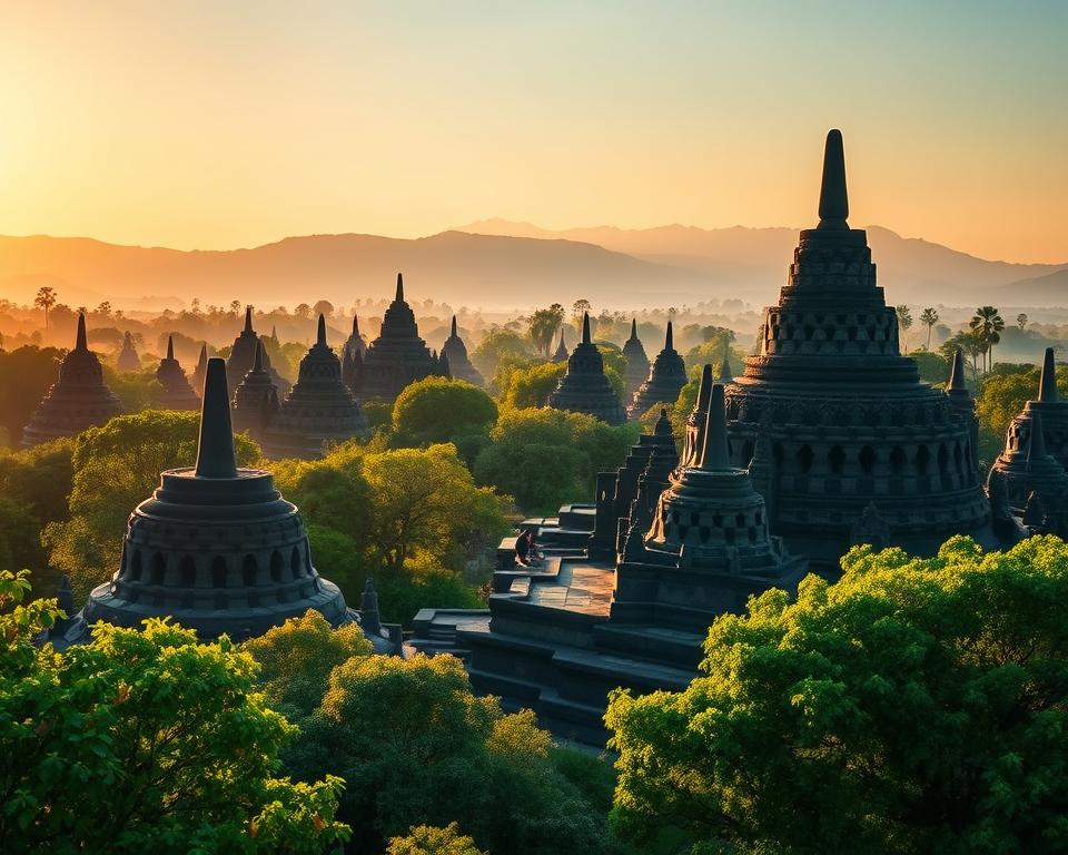 A breathtaking view of Borobudur Temple, the world's largest Buddhist monument, surrounded by lush green jungle in the foreground. Majestic stone reliefs depicting ancient Javanese culture and intricate sculptures greet the viewer. In the middle ground, the iconic stupas rise gracefully, their geometric shapes contrasting with the organic curves of the surrounding trees. In the background, a misty mountain range adds depth and mystery to the serene landscape. The scene is bathed in warm golden sunlight during the golden hour, creating a tranquil and spiritual atmosphere. The image should be captured from a slightly elevated angle, emphasizing the grandeur of the temple while inviting a sense of peace and reflection. A breathtaking view of Borobudur Temple, the world's largest Buddhist monument, surrounded by lush green jungle in the foreground. Majestic stone reliefs depicting ancient Javanese culture and intricate sculptures greet the viewer. In the middle ground, the iconic stupas rise gracefully, their geometric shapes contrasting with the organic curves of the surrounding trees. In the background, a misty mountain range adds depth and mystery to the serene landscape. The scene is bathed in warm golden sunlight during the golden hour, creating a tranquil and spiritual atmosphere. The image should be captured from a slightly elevated angle, emphasizing the grandeur of the temple while inviting a sense of peace and reflection.