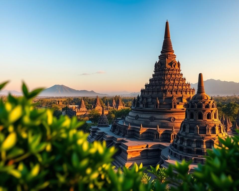 A breathtaking view of Borobudur Temple's intricate architecture, highlighting its tiered structure adorned with countless stupas and relief panels. In the foreground, lush green foliage frames the sides, while the midground showcases the temple’s majestic silhouette against a clear blue sky. The background features distant volcanic mountains, adding depth to the scene. Golden hour lighting bathes the temple in warm hues, emphasizing the ornate carvings and stone textures. A slightly elevated perspective captures the grandeur of the structure, inviting viewers to appreciate its architectural significance. The atmosphere is serene and contemplative, reflecting the rich cultural heritage of this UNESCO World Heritage site. A breathtaking view of Borobudur Temple's intricate architecture, highlighting its tiered structure adorned with countless stupas and relief panels. In the foreground, lush green foliage frames the sides, while the midground showcases the temple’s majestic silhouette against a clear blue sky. The background features distant volcanic mountains, adding depth to the scene. Golden hour lighting bathes the temple in warm hues, emphasizing the ornate carvings and stone textures. A slightly elevated perspective captures the grandeur of the structure, inviting viewers to appreciate its architectural significance. The atmosphere is serene and contemplative, reflecting the rich cultural heritage of this UNESCO World Heritage site.
