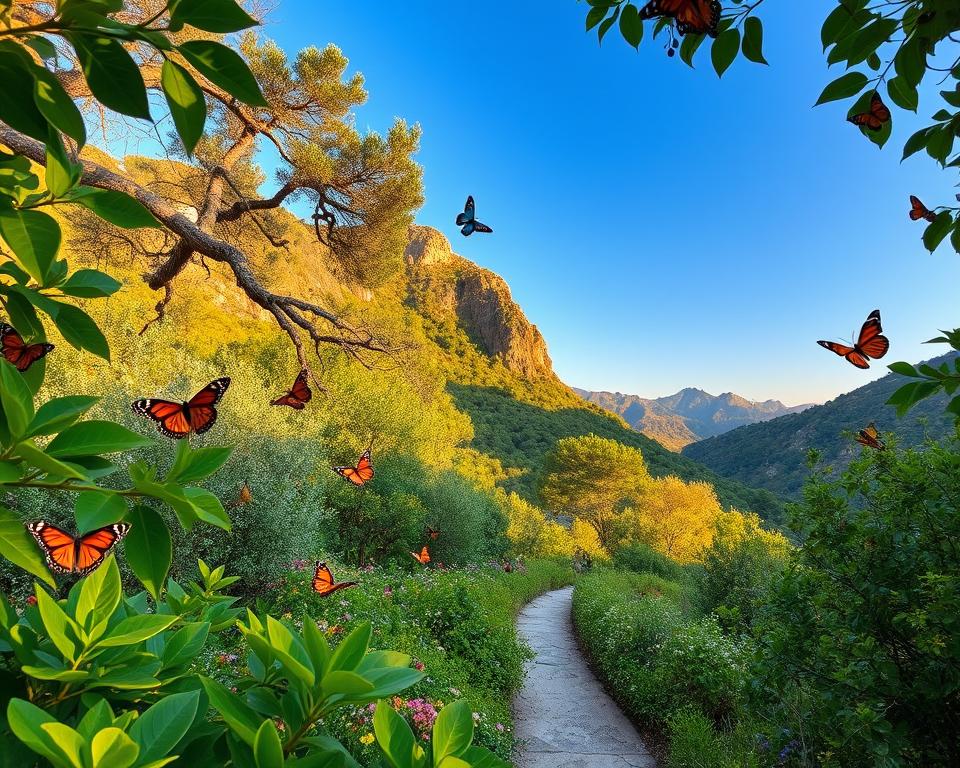 A breathtaking view of Butterfly Valley in Rhodes during the best travel season. In the foreground, vibrant green leaves dominate the scene, with a variety of colorful butterflies fluttering about—orange, yellow, and blue hues creating a stunning visual tapestry. In the middle ground, a serene path winds through the valley, lined with delicate flowers and shaded by trees, inviting exploration. The background features softly illuminated cliffs, partially draped in lush vegetation, under a clear blue sky with the golden light of late afternoon filtering through the branches. The atmosphere should evoke a sense of tranquility and wonder, capturing the essence of experiencing nature’s paradise at its peak. Use natural lighting, focusing on warm tones to enhance the beauty of the landscape.