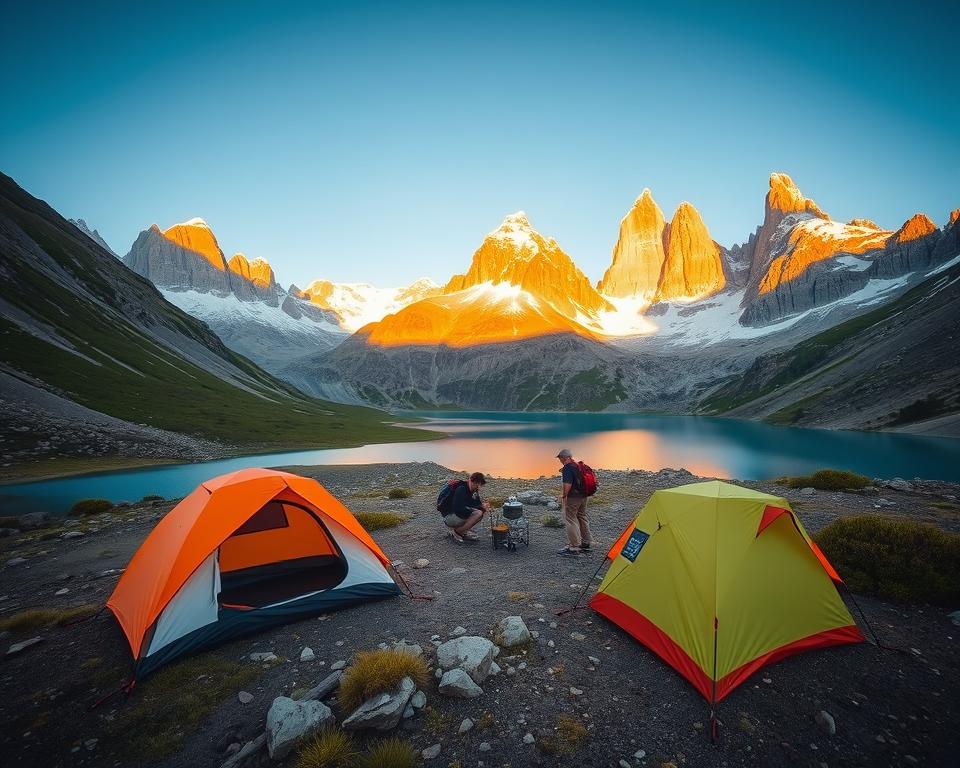 A breathtaking view of Camping Torres del Paine, showcasing a serene campsite nestled amid towering granite peaks and lush valleys. In the foreground, a cozy tent with bright colors is pitched beside a shimmering turquoise lake, surrounded by scattered rocks and patches of green grass. The middle ground captures a small group of campers in modest, casual clothing, preparing a meal over a portable stove, with their backpacks and gear neatly arranged. The background features the majestic Torres del Paine mountains, their rugged cliffs illuminated by the golden light of the setting sun, casting vibrant hues across the sky. The atmosphere is peaceful and inviting, encapsulating the essence of outdoor adventure in this stunning national park, shot with a wide-angle lens to enhance the expansive landscape.