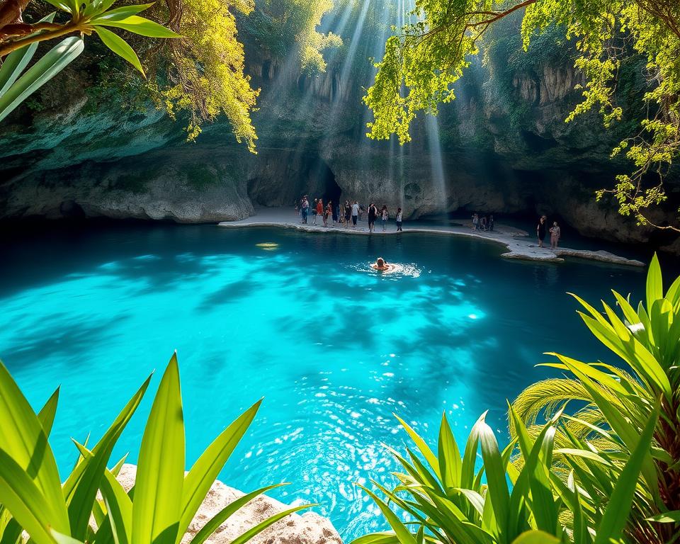 A breathtaking view of "Cenote Eintritt" in Yucatan, showcasing a natural sinkhole filled with crystal-clear turquoise water. In the foreground, lush tropical foliage and vibrant green plants frame the water, while a rocky entrance to the cenote is visible. In the middle ground, visitors dressed in modest casual clothing explore the area, some gathered at the water’s edge, marveling at the sights. The background features towering limestone cliffs, with rays of sunlight filtering through the trees, creating shimmering reflections in the water below. The atmosphere is serene and enchanting, evoking a sense of adventure and mystery. Use soft, natural lighting to highlight the vibrant colors and textures of the scene, capturing the allure of this hidden gem. Use a wide-angle lens to encompass the full beauty of the cenote.