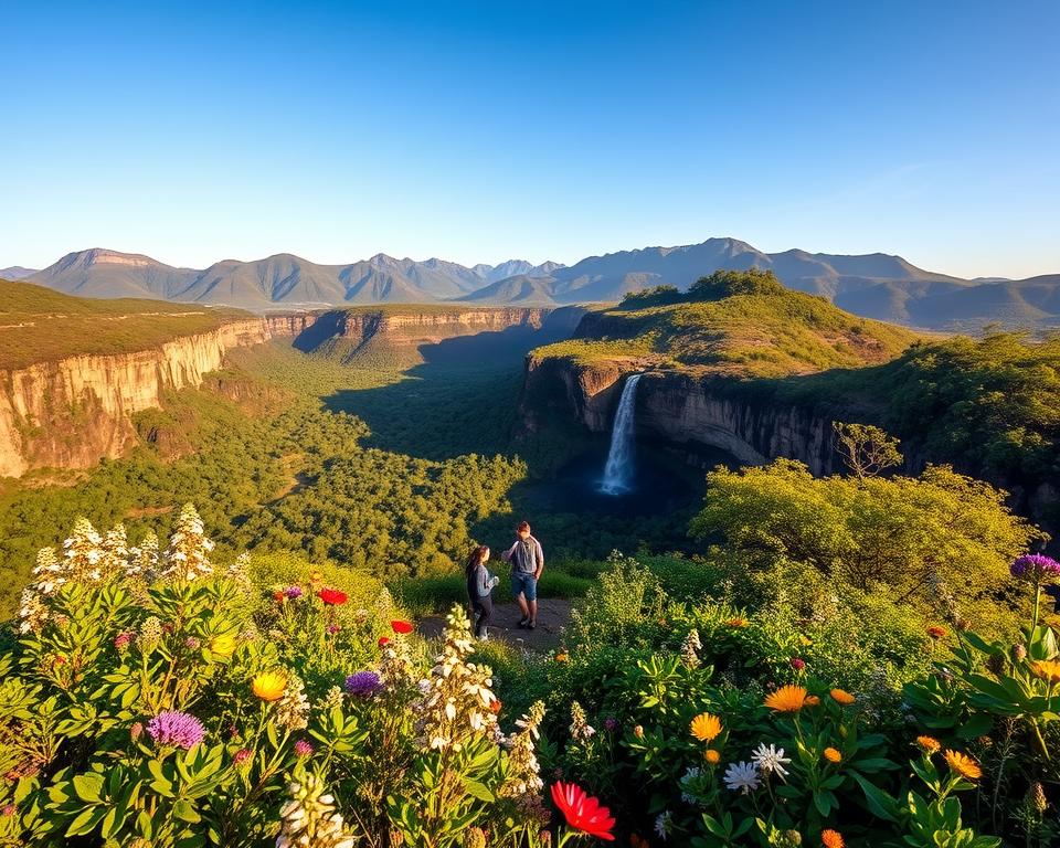 A breathtaking view of Chapada Diamantina in Brazil during the best travel season. In the foreground, vibrant green vegetation and colorful wildflowers bloom, indicating springtime. The middle ground features dramatic cliffs and cascading waterfalls, while hikers in modest casual clothing explore the area, enjoying the lush landscape. In the background, majestic mountains rise under a clear blue sky, with soft, warm sunlight illuminating the scenery, creating a golden hour ambiance. The image captures a sense of adventure and serenity, highlighting the natural beauty and inviting atmosphere of Chapada Diamantina during peak visiting months. The angle is slightly elevated, offering a panoramic view of this stunning destination, emphasizing its vastness and allure.