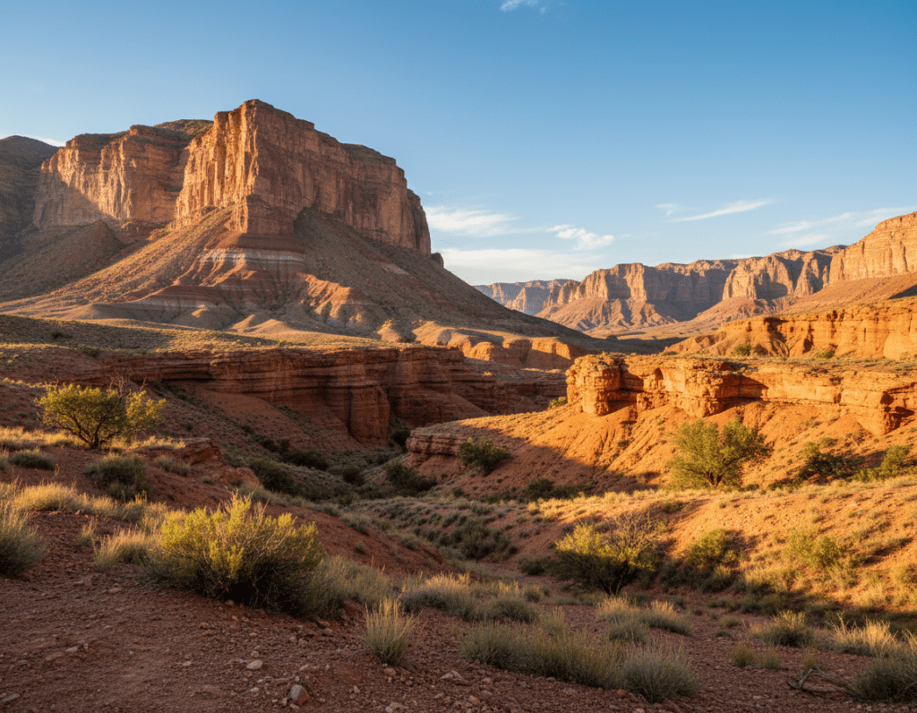 A breathtaking view of Charyn Canyon, showcasing its dramatic red and orange rock formations under a vibrant blue sky. In the foreground, the canyon floor is dotted with sparse vegetation, while the middle ground features towering cliffs with layered striations, casting long shadows in the afternoon sunlight. The background reveals the expansive horizon, where the canyon walls rise sharply, filled with intricate textures and patterns. Capture the golden hour lighting, emphasizing the rich colors of the rocks and the delicate interplay of light and shadow. The mood should be awe-inspiring and serene, inviting viewers to explore this natural wonder in Kazakhstan, evoking a sense of adventure and discovery.